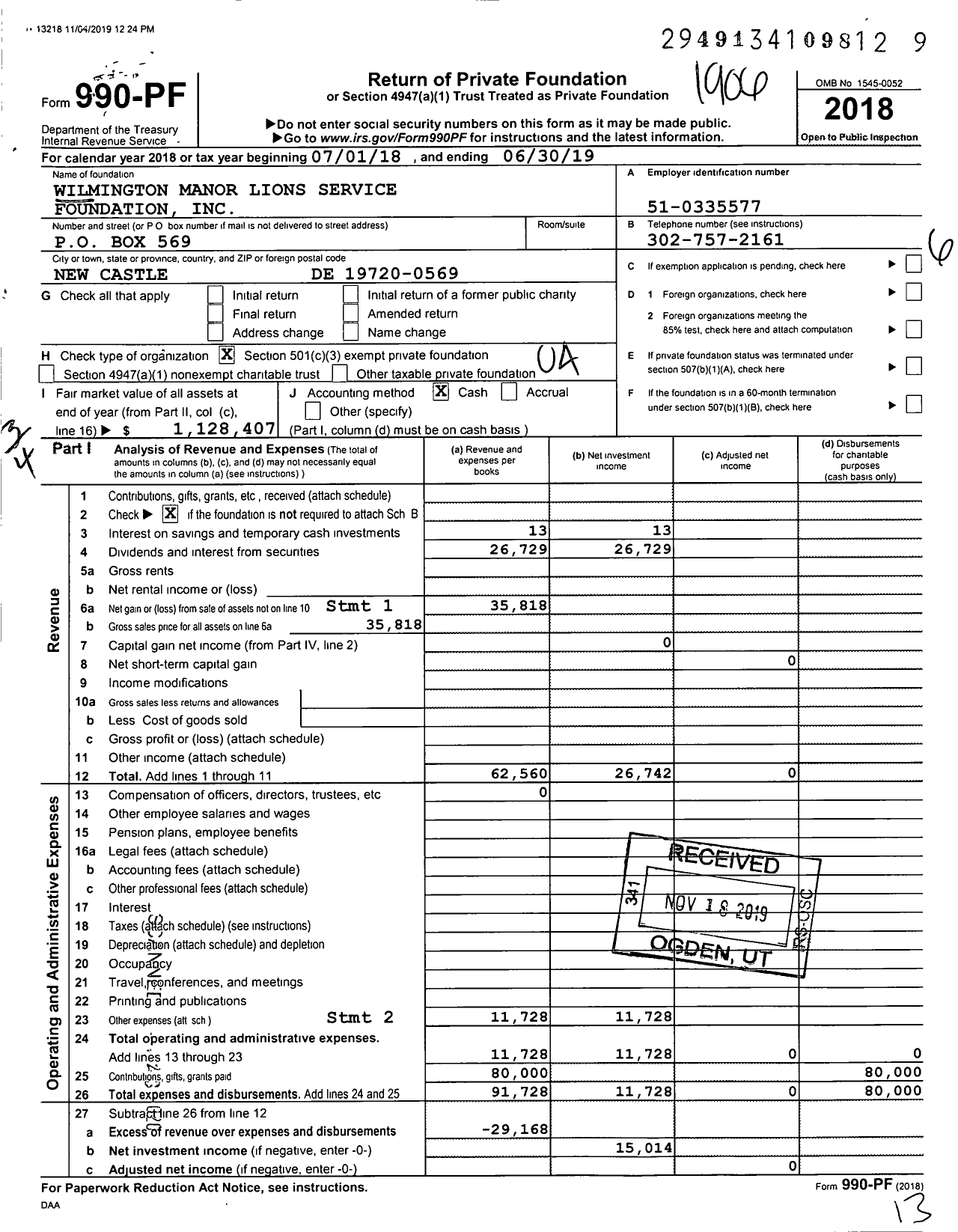 Image of first page of 2018 Form 990PF for Wilmington Manor Lions Service Foundation