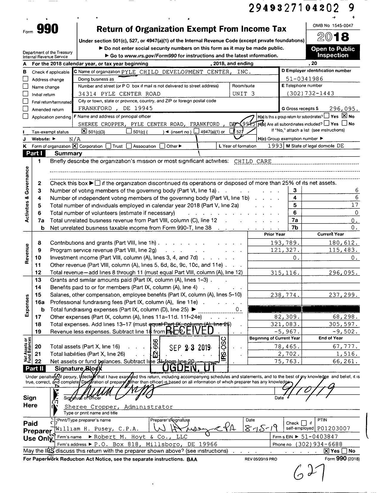 Image of first page of 2018 Form 990 for Pyle Child Development Center
