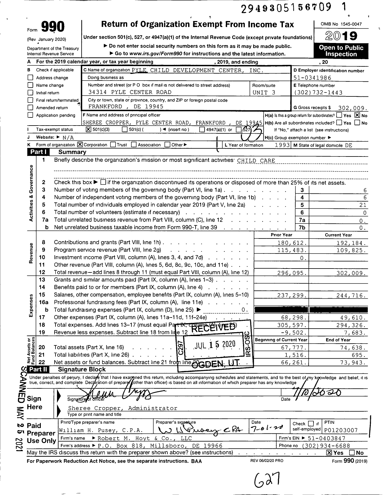 Image of first page of 2019 Form 990 for Pyle Child Development Center
