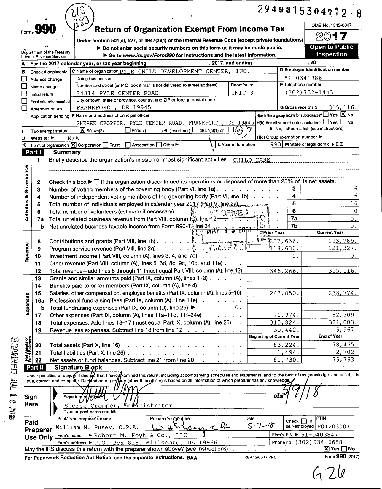 Image of first page of 2017 Form 990 for Pyle Child Development Center