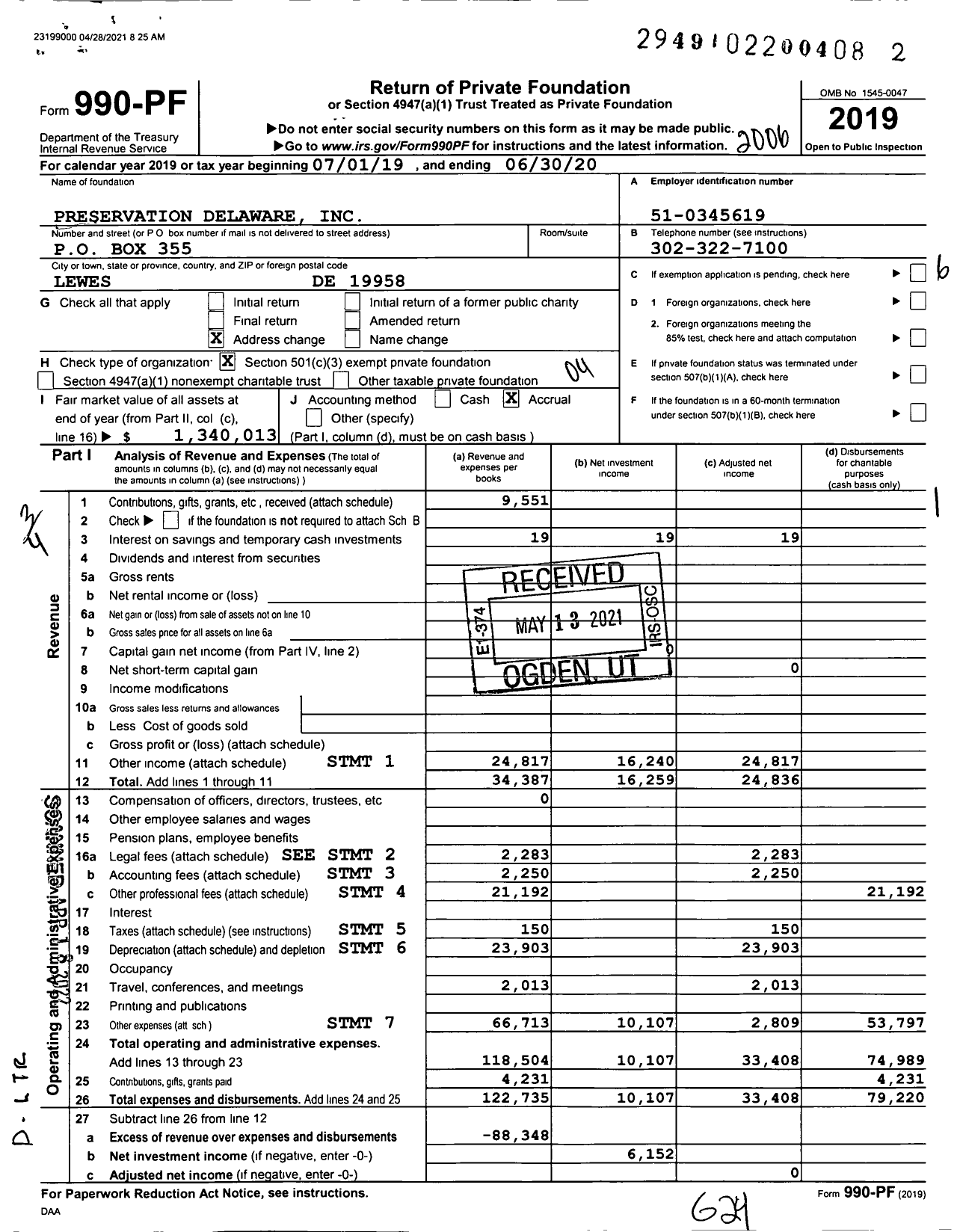 Image of first page of 2019 Form 990PF for Preservation Delaware