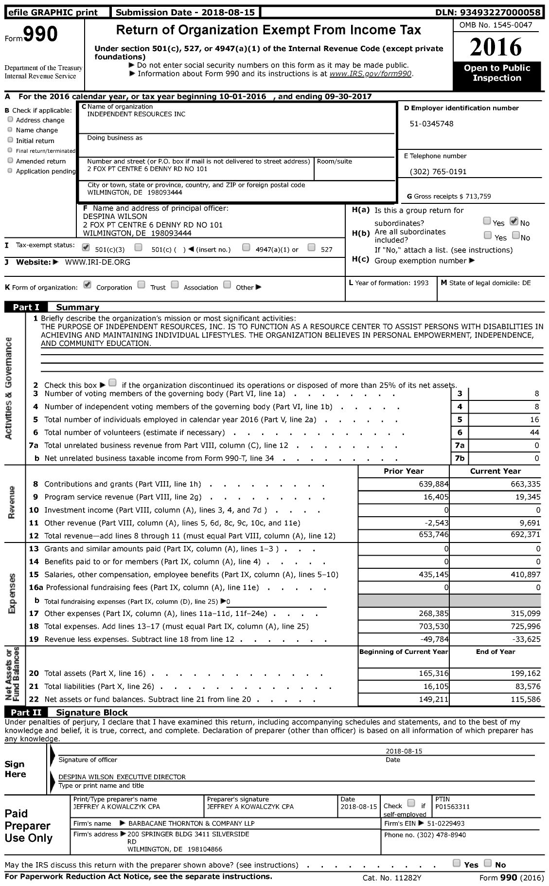 Image of first page of 2016 Form 990 for Independent Resources