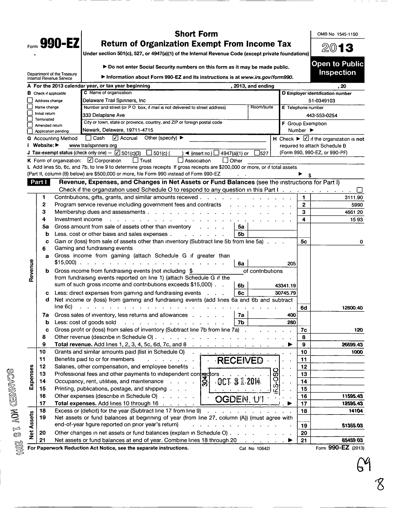 Image of first page of 2013 Form 990EZ for Delaware Trail Spinners