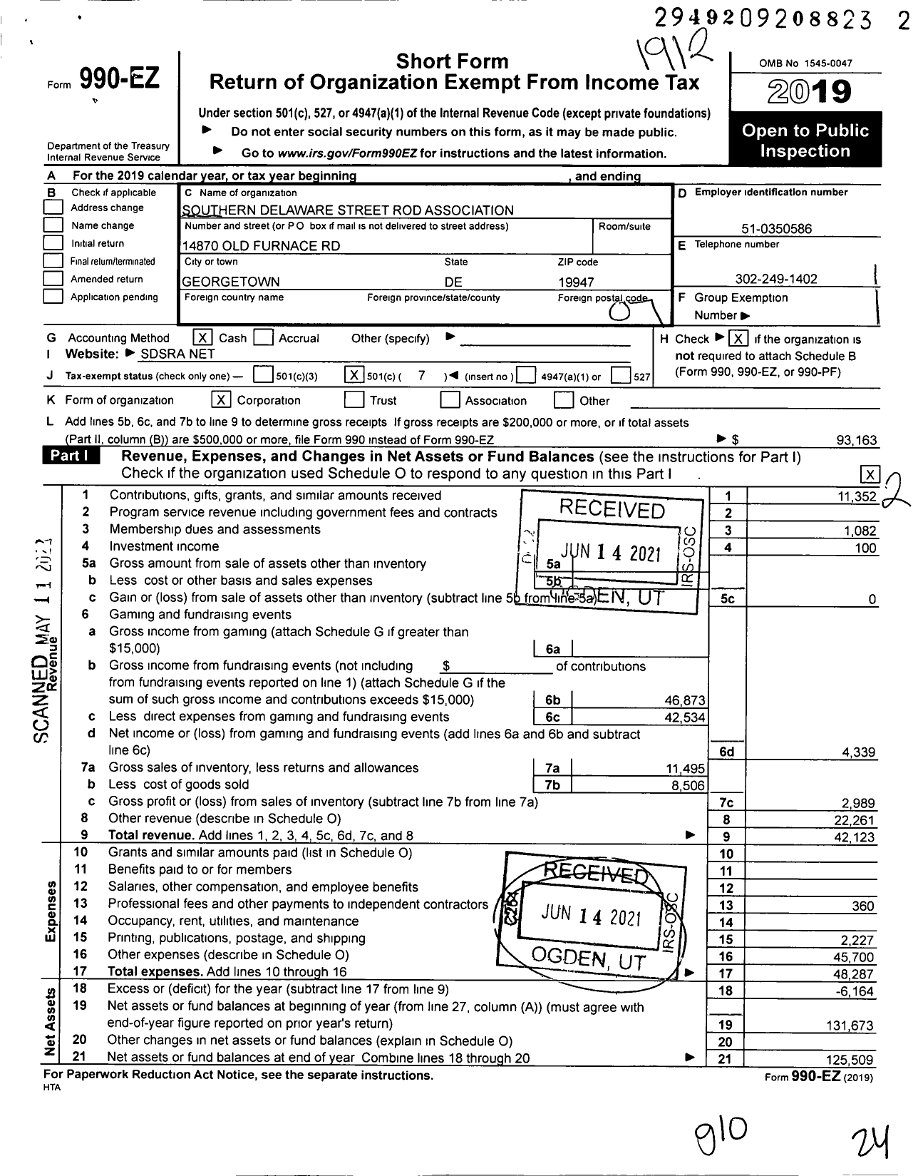 Image of first page of 2019 Form 990EO for Southern Delaware Street Rod Association