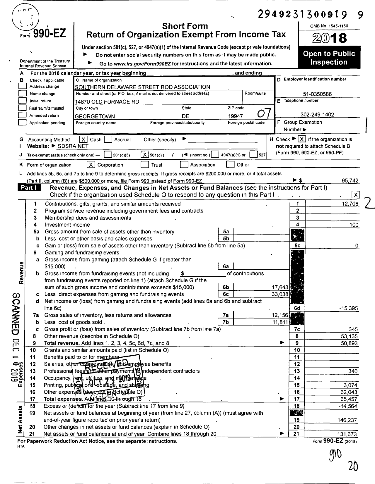 Image of first page of 2018 Form 990EO for Southern Delaware Street Rod Association