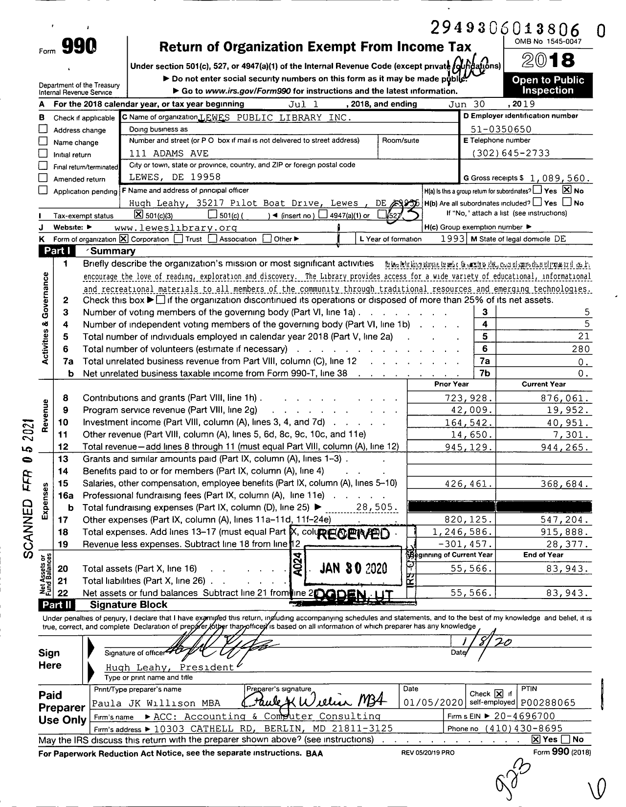 Image of first page of 2018 Form 990 for Lewes Public Library