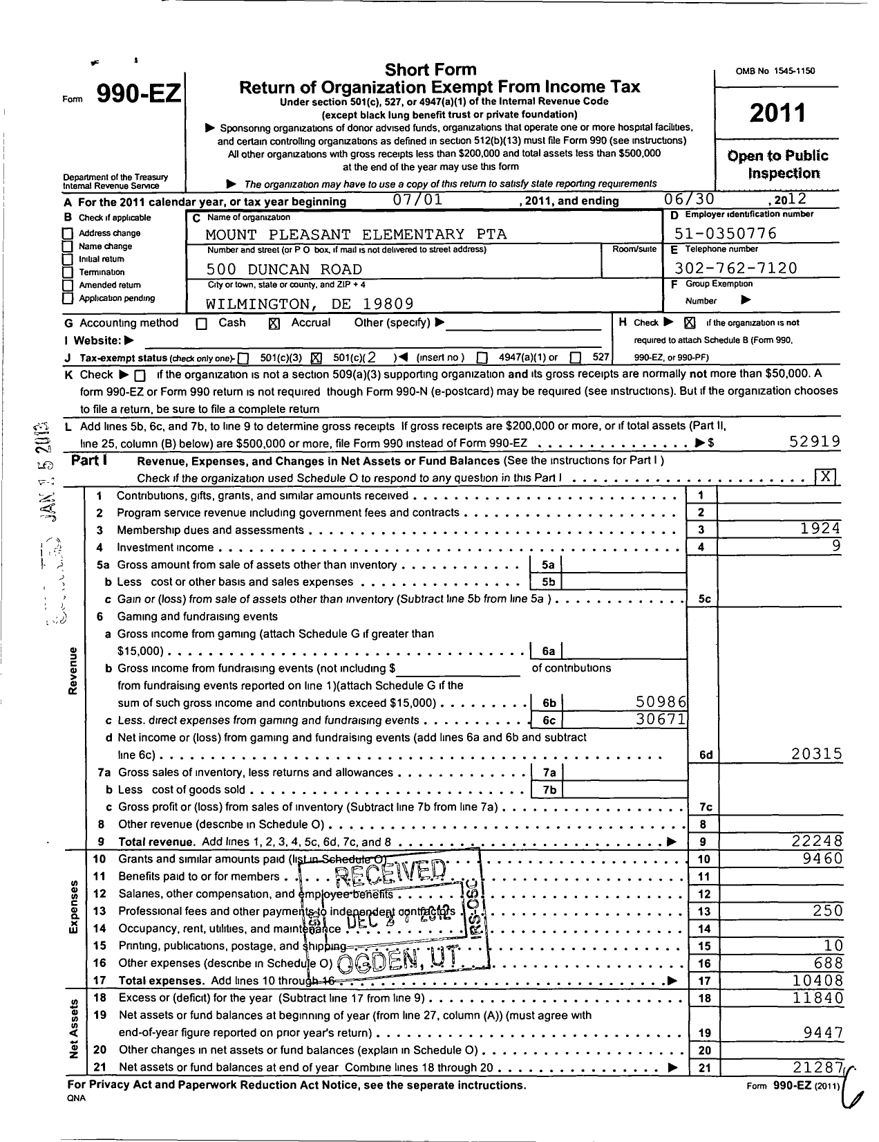 Image of first page of 2011 Form 990EO for PTA Delaware Congress / MT Pleasant Elementary School