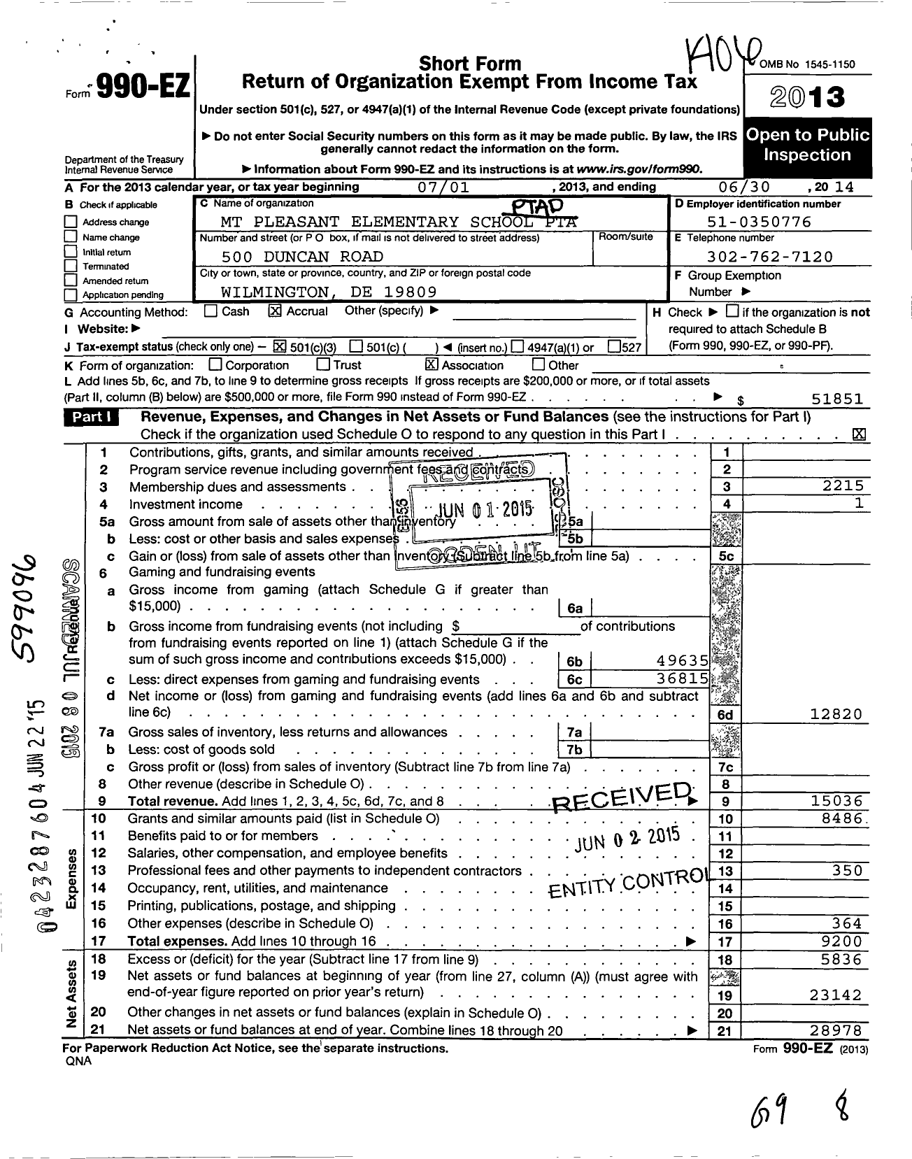 Image of first page of 2013 Form 990EZ for PTA Delaware Congress / MT Pleasant Elementary School