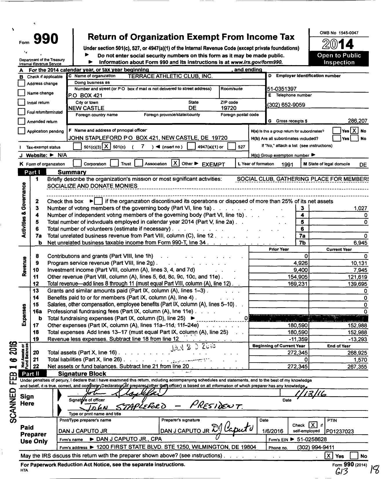 Image of first page of 2014 Form 990O for Terrace Athletic Club