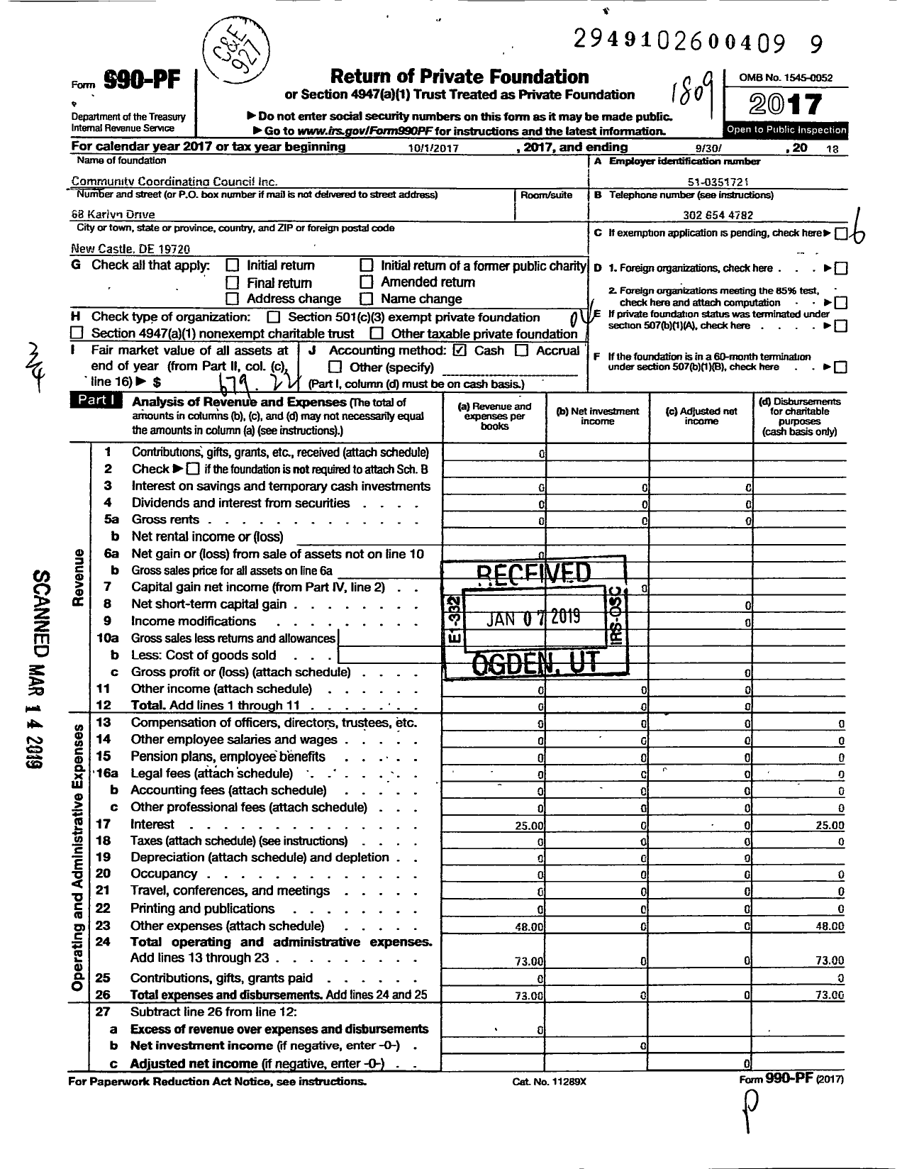 Image of first page of 2017 Form 990PF for Community Coordinating Council