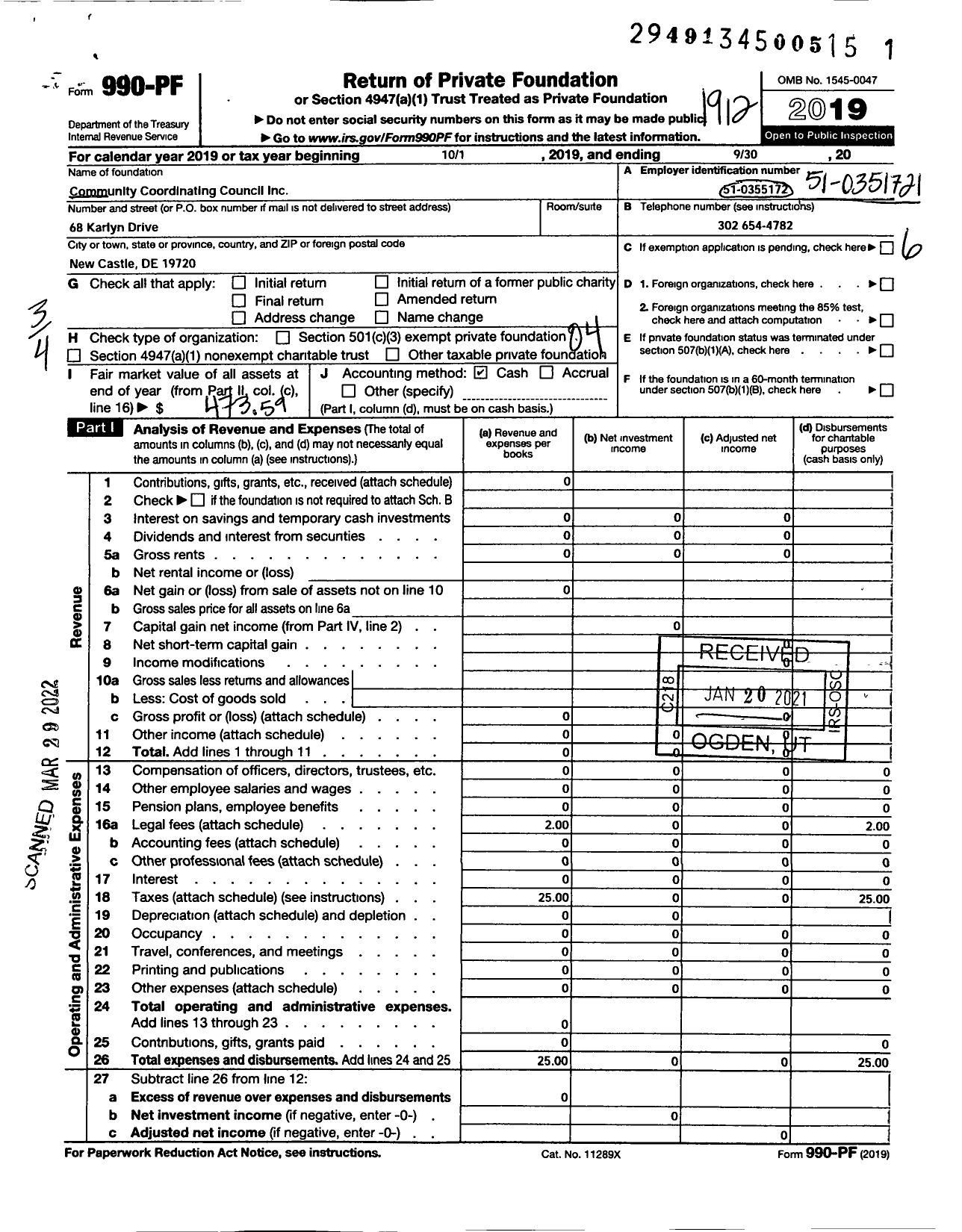 Image of first page of 2019 Form 990PF for Community Coordinating Council