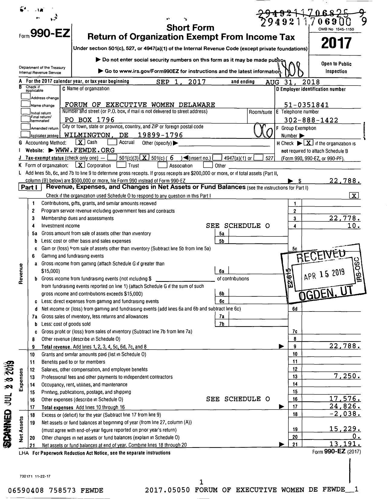 Image of first page of 2017 Form 990EO for Forum of Executive Women Delaware