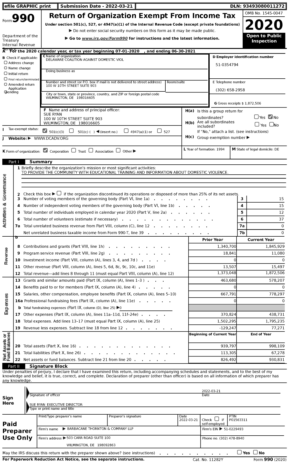 Image of first page of 2020 Form 990 for Delaware Coalition Against Domestic Violence