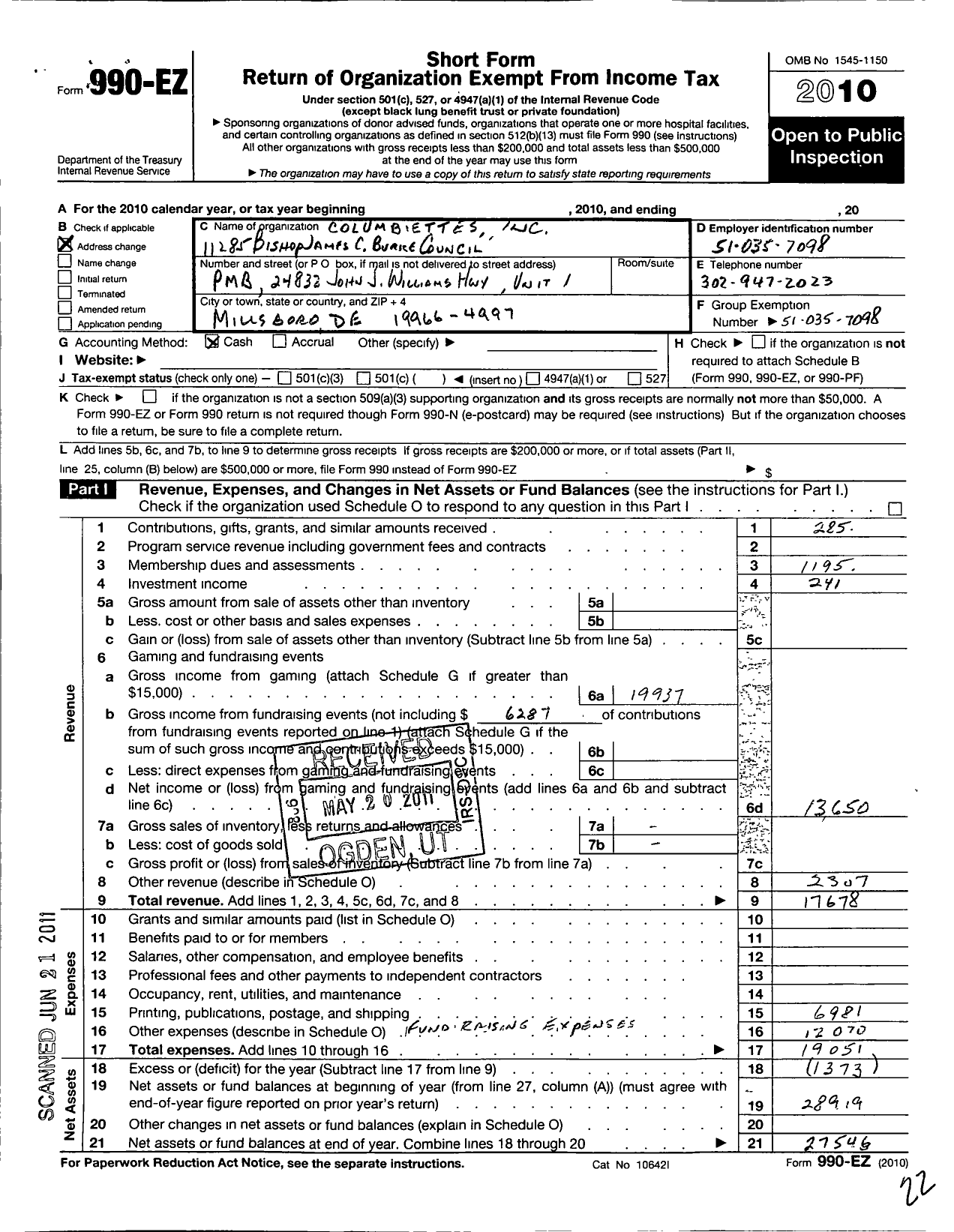 Image of first page of 2010 Form 990EZ for Columbiettes - 11285 Bishop James C Burke Columbie