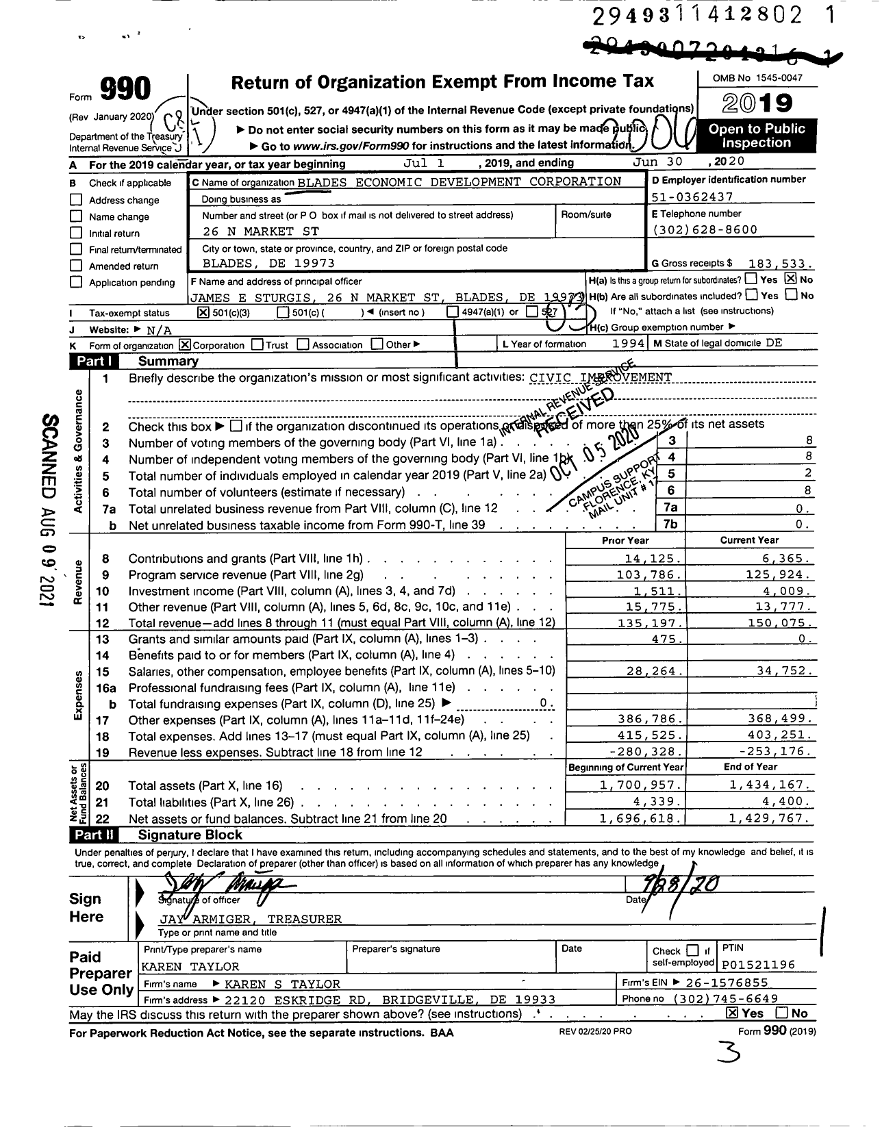 Image of first page of 2019 Form 990 for Blades Economic Development Corporation