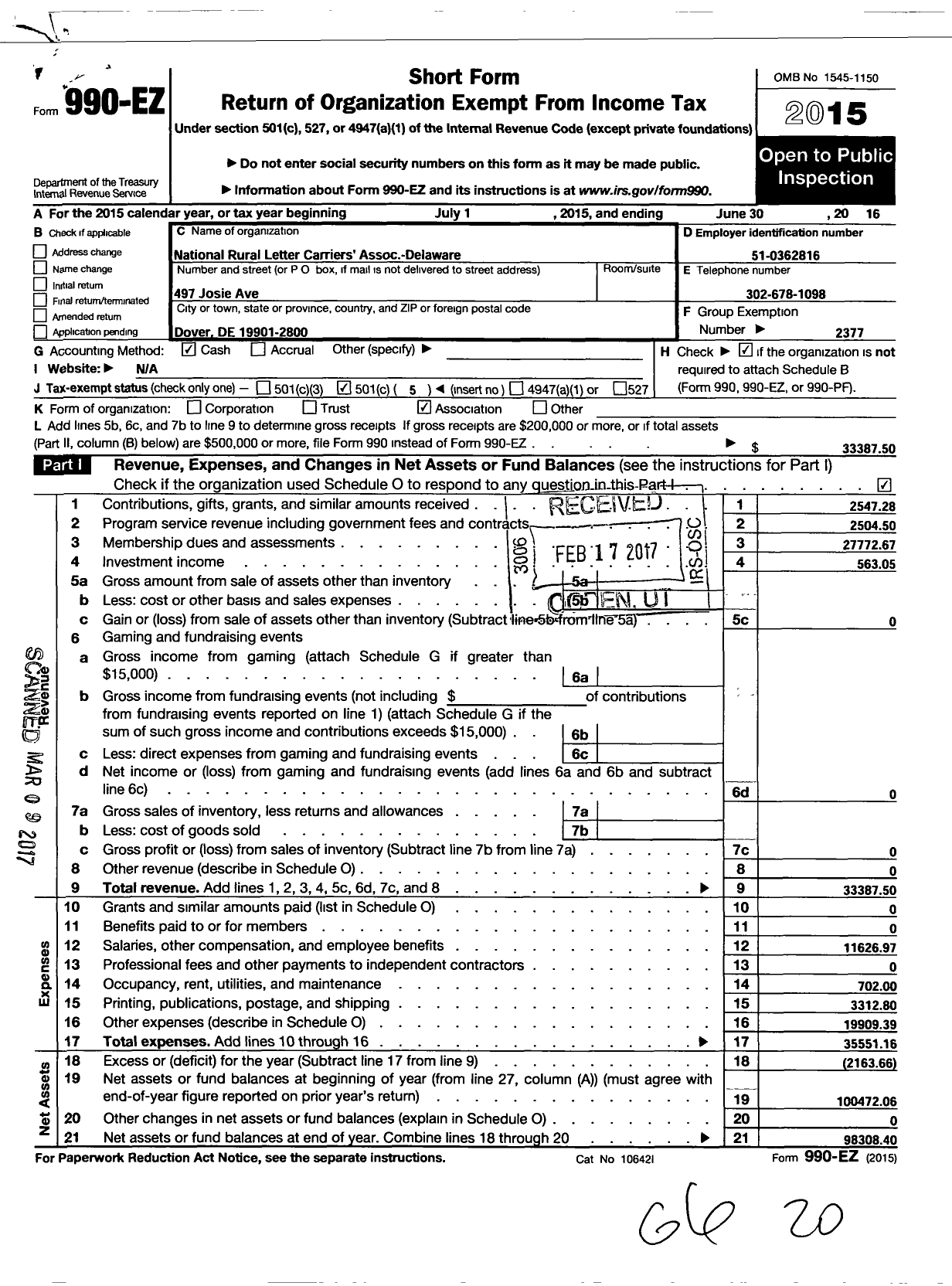 Image of first page of 2015 Form 990EO for National Rural Letter Carriers Association - Derlca