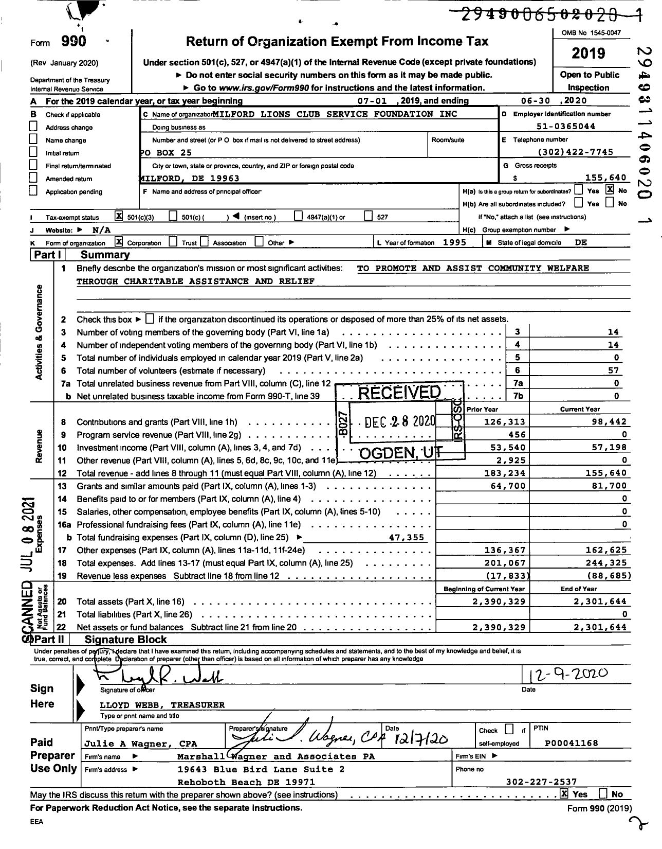 Image of first page of 2019 Form 990 for Milford Lions Club Service Foundation