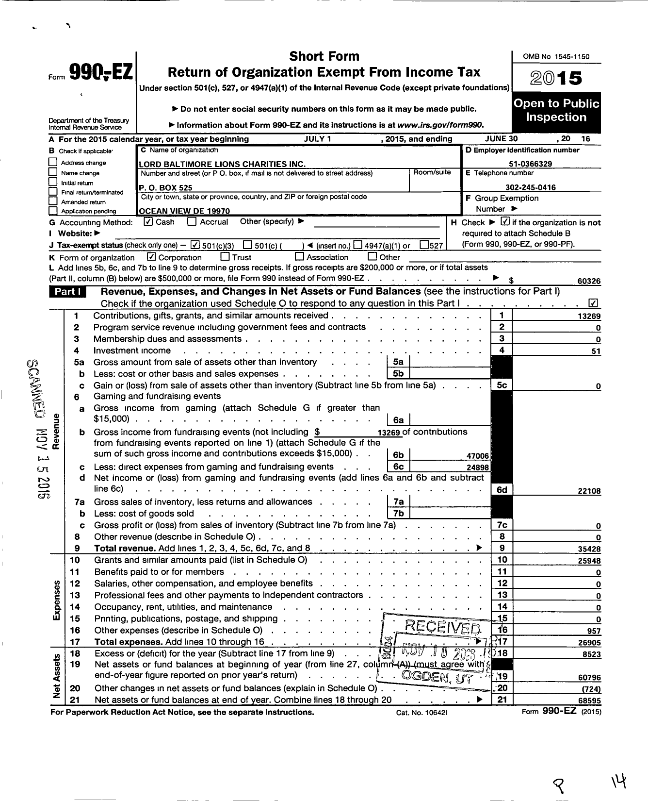 Image of first page of 2015 Form 990EZ for Lord Baltimore Lions Charities