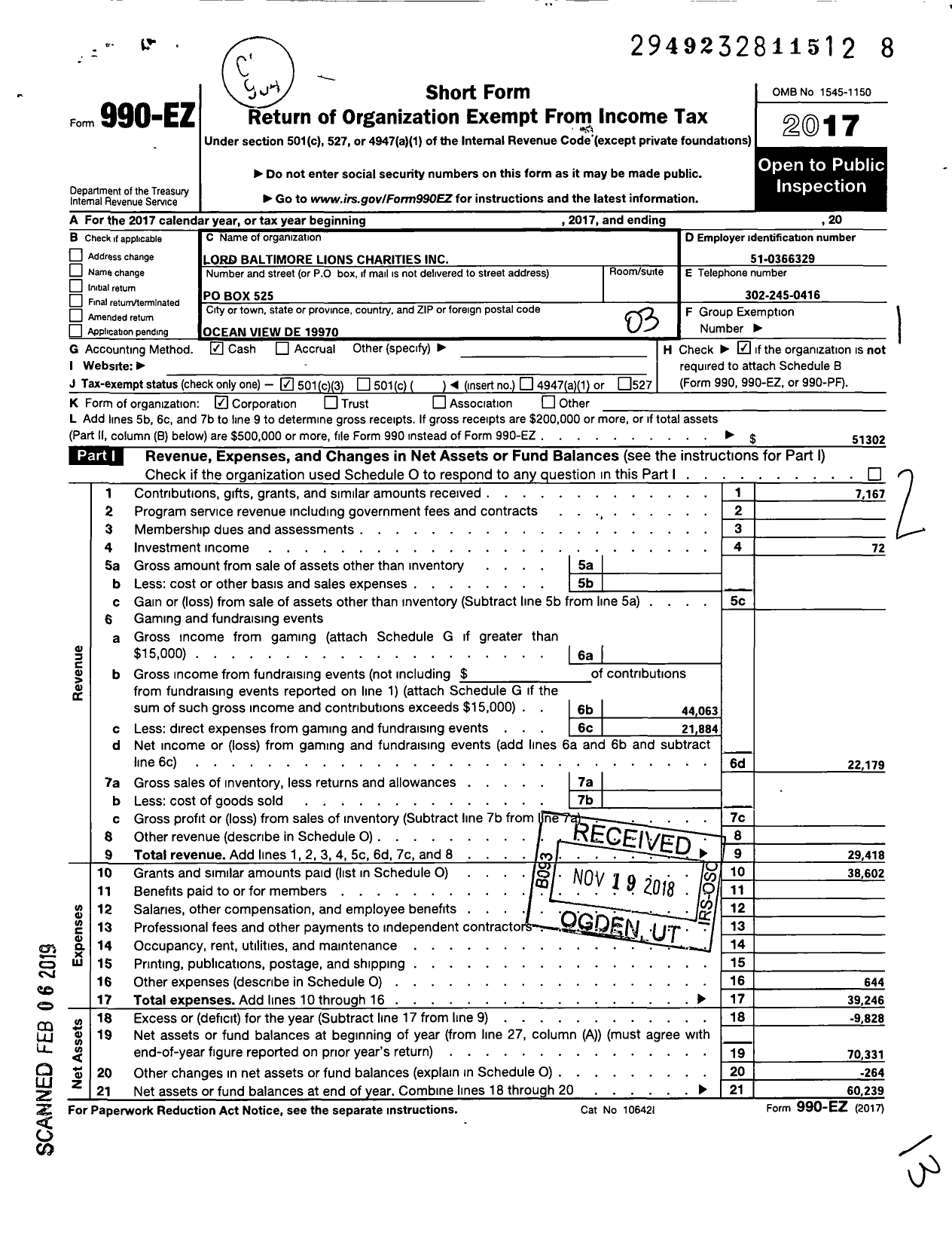 Image of first page of 2017 Form 990EZ for Lord Baltimore Lions Charities