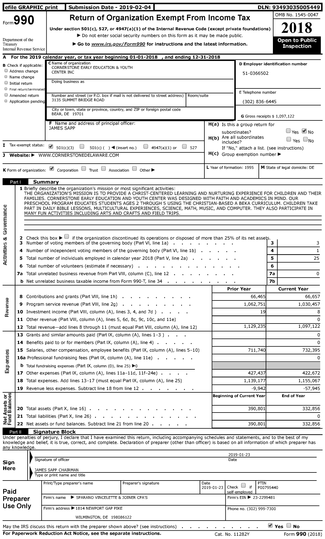 Image of first page of 2018 Form 990 for Cornerstone Early Education and Youth Center