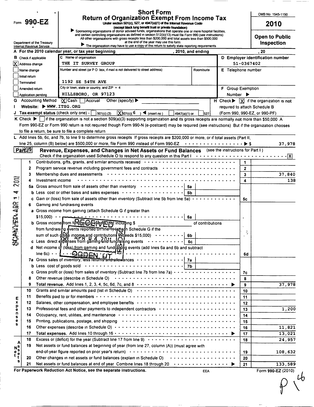 Image of first page of 2010 Form 990EO for Information Technology Survey Group