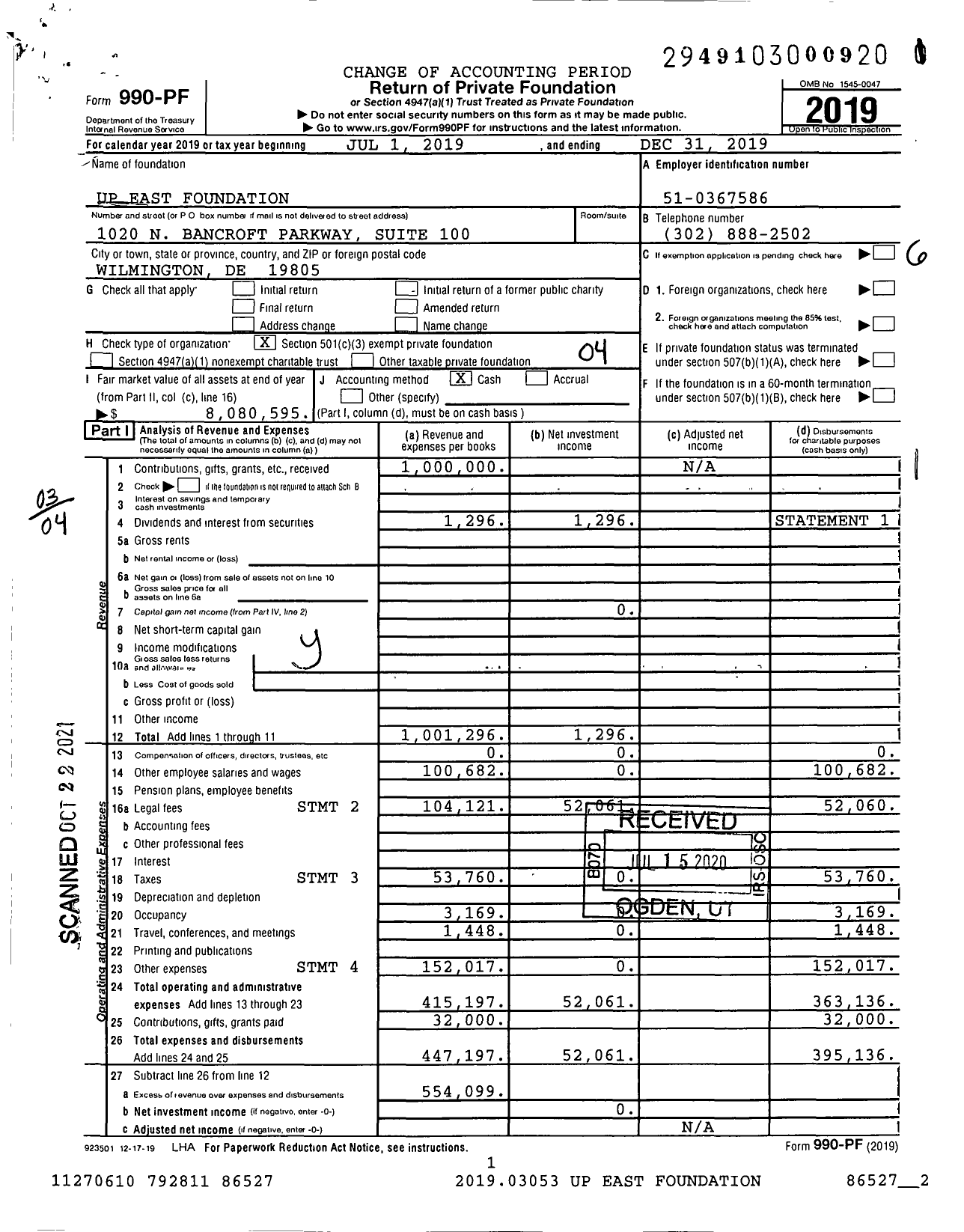 Image of first page of 2019 Form 990PF for Up East Foundation