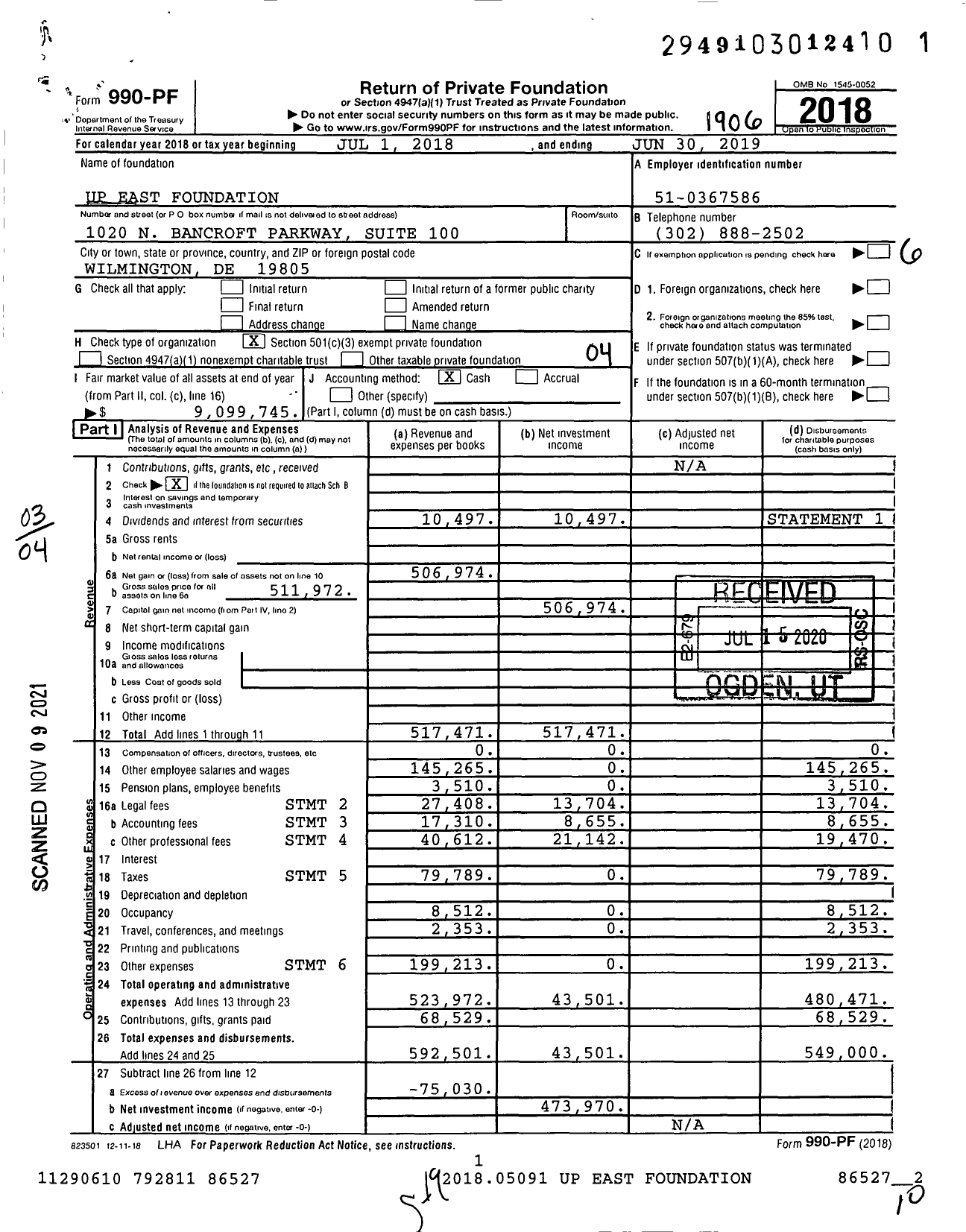 Image of first page of 2018 Form 990PF for Up East Foundation