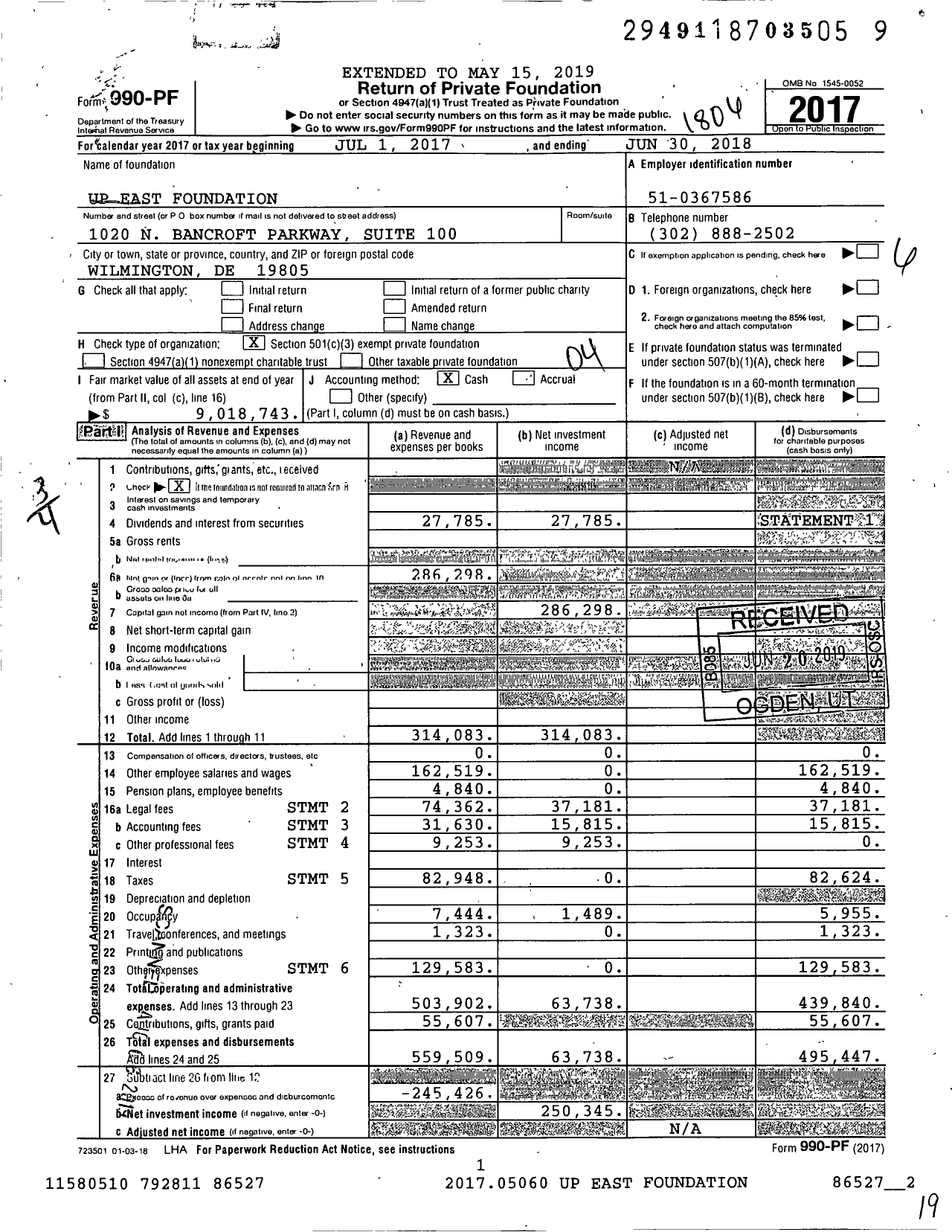 Image of first page of 2017 Form 990PF for Up East Foundation