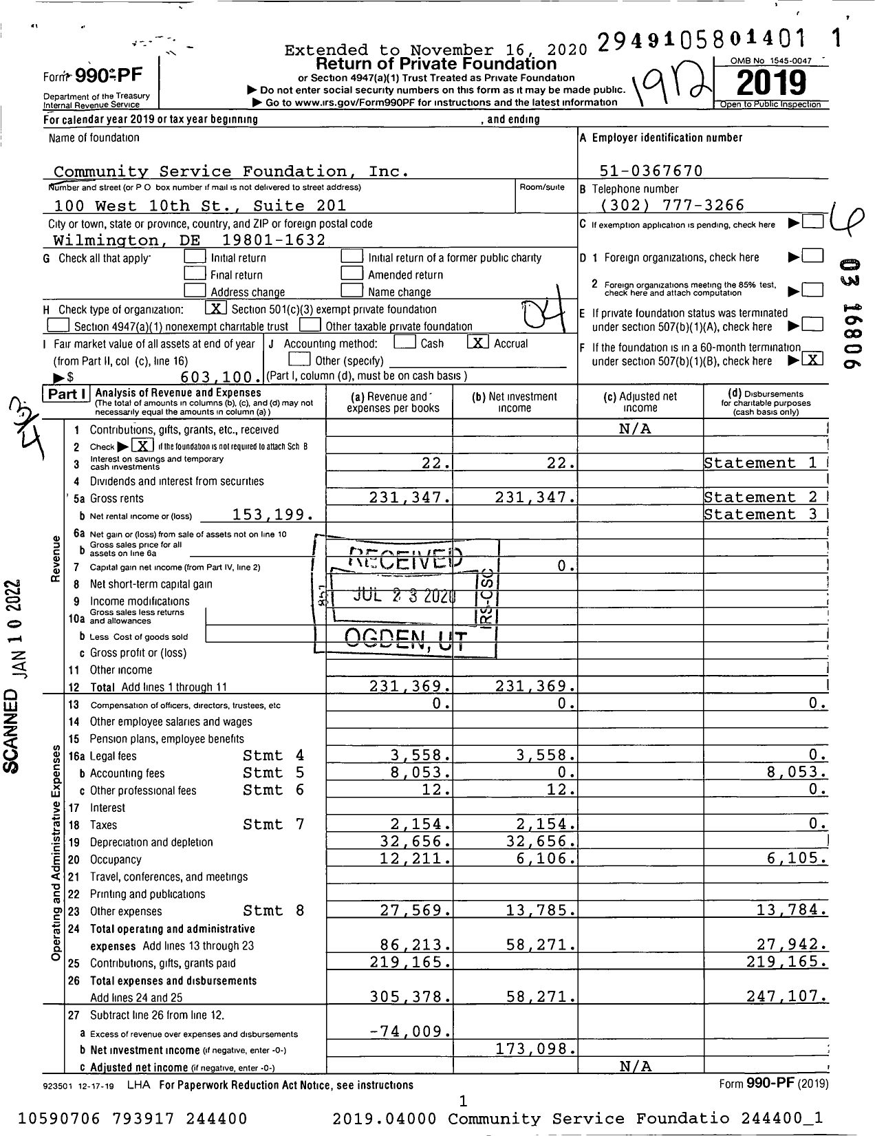 Image of first page of 2019 Form 990PF for Community Service Foundation