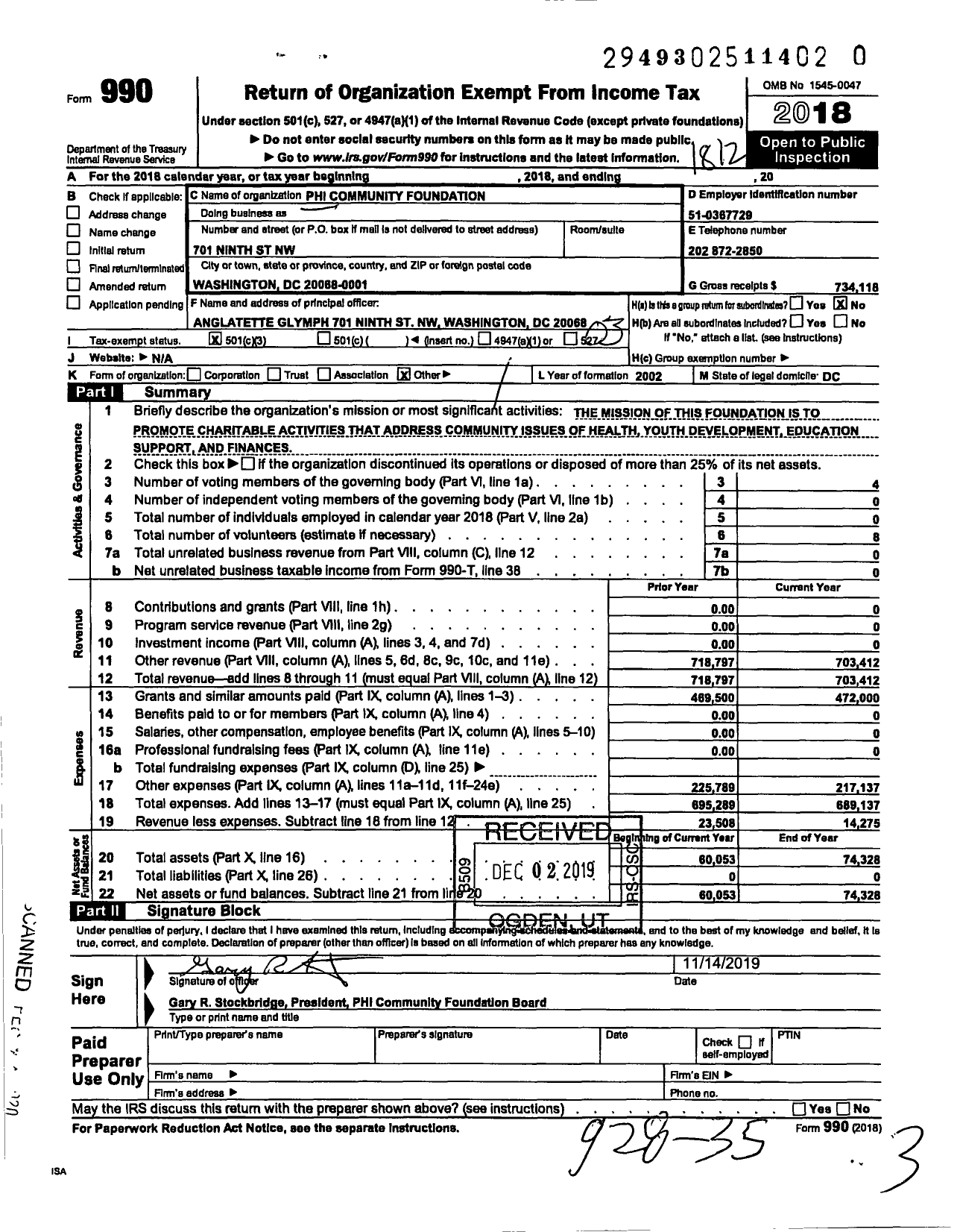 Image of first page of 2018 Form 990 for Phi Community Foundation