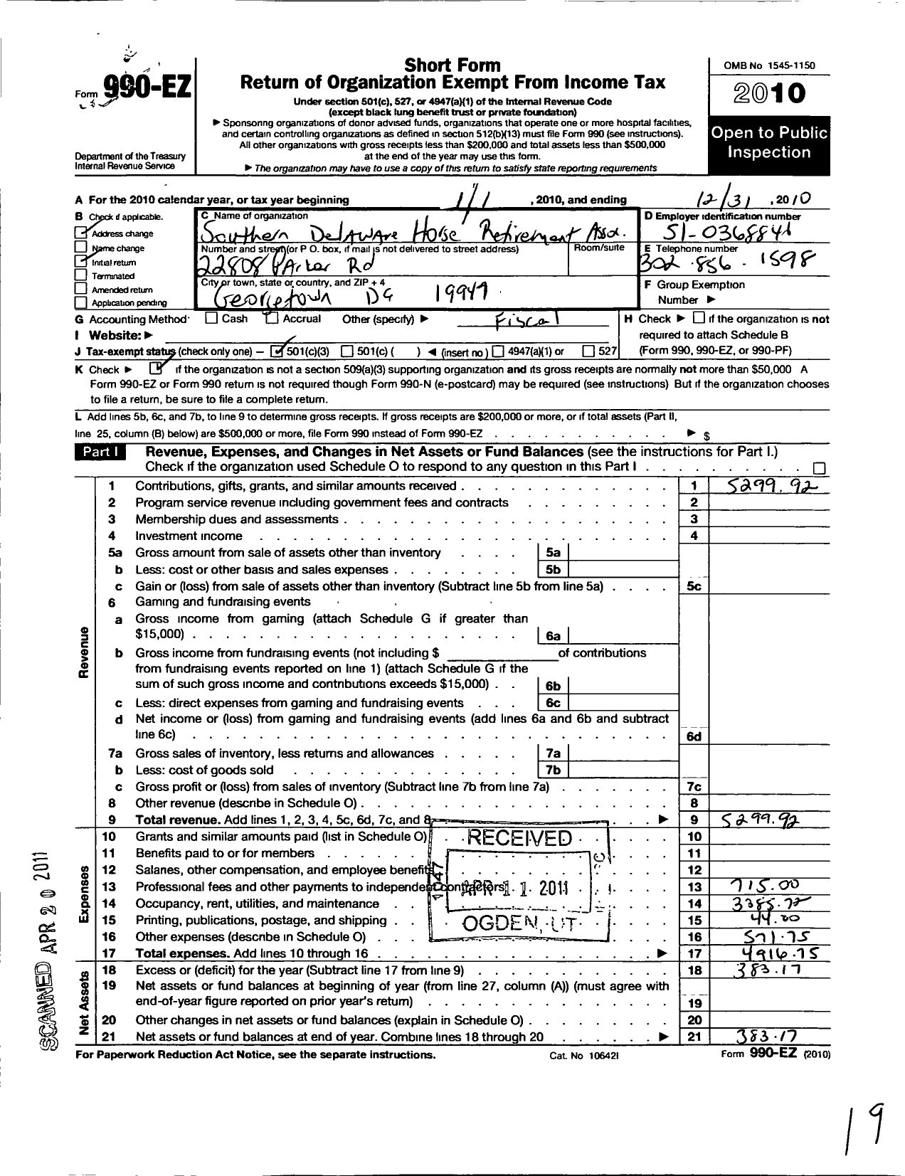 Image of first page of 2010 Form 990EZ for Southern Delaware Horse Retirement Association