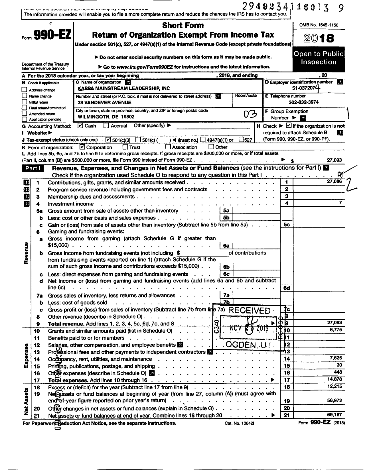 Image of first page of 2018 Form 990EZ for Kappa Mainstream Leadship Foundation