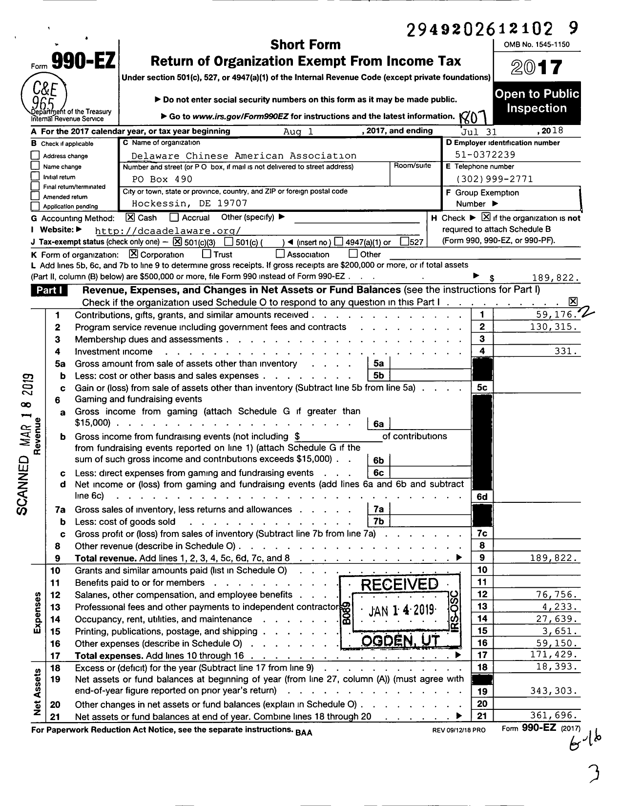 Image of first page of 2017 Form 990EZ for Delaware Chinese American Association