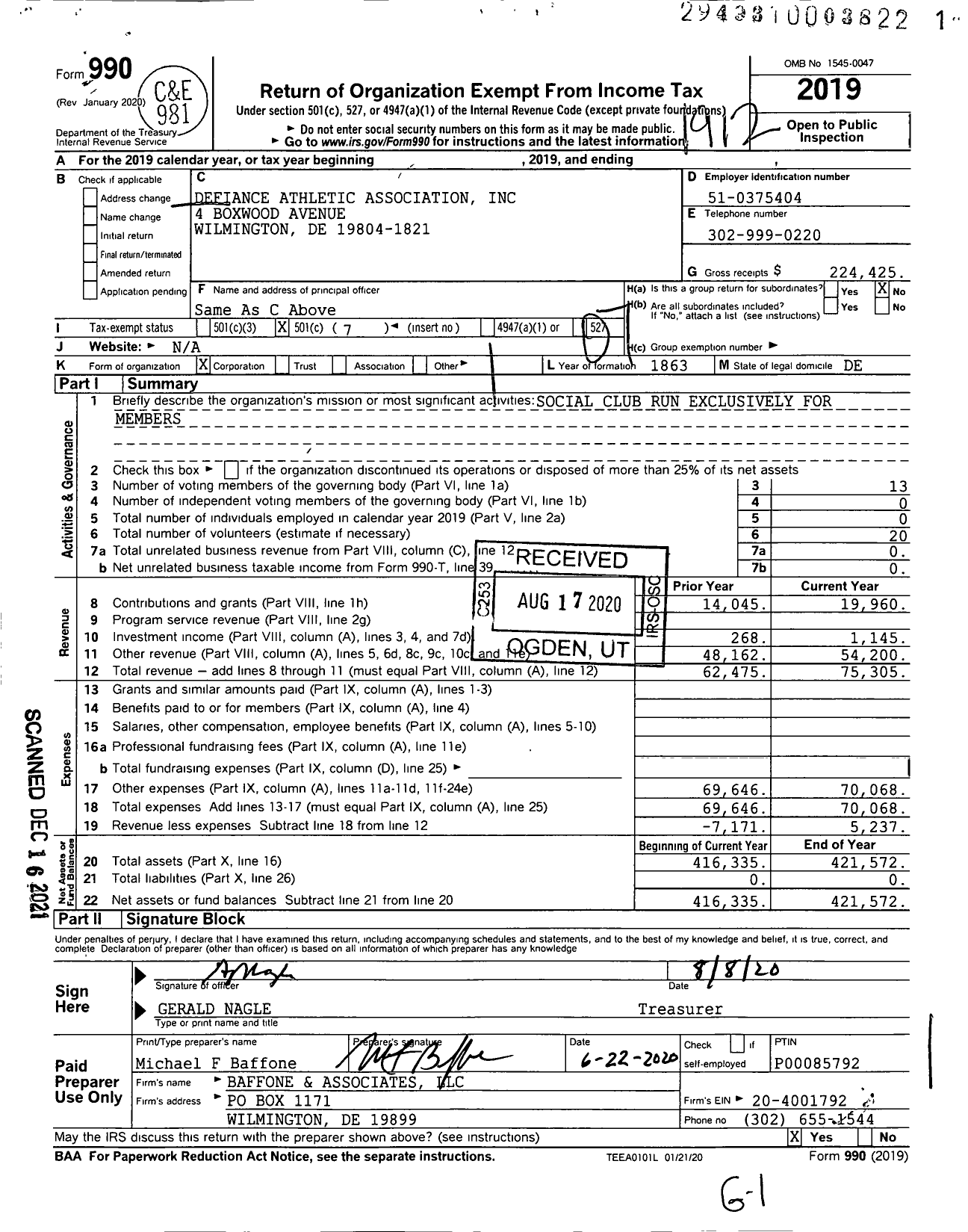 Image of first page of 2019 Form 990O for Defiance Athletic Association