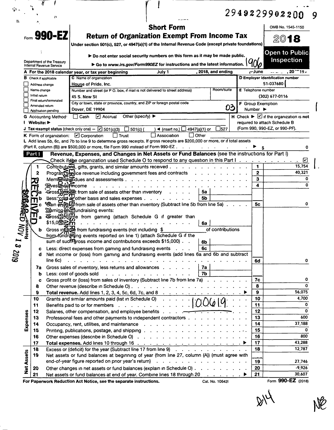 Image of first page of 2018 Form 990EZ for House of Pride