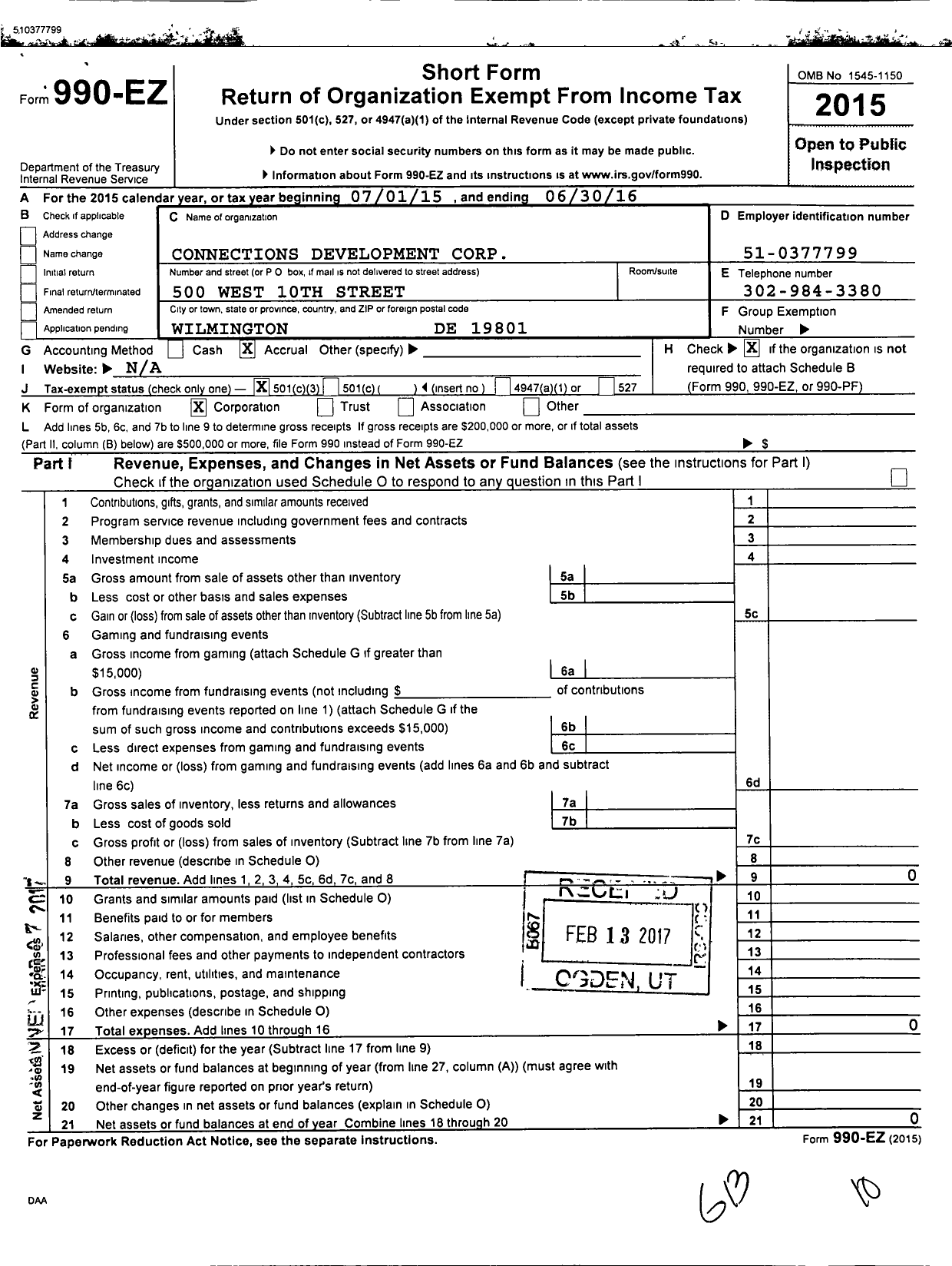 Image of first page of 2015 Form 990EZ for Connections Development Corporation