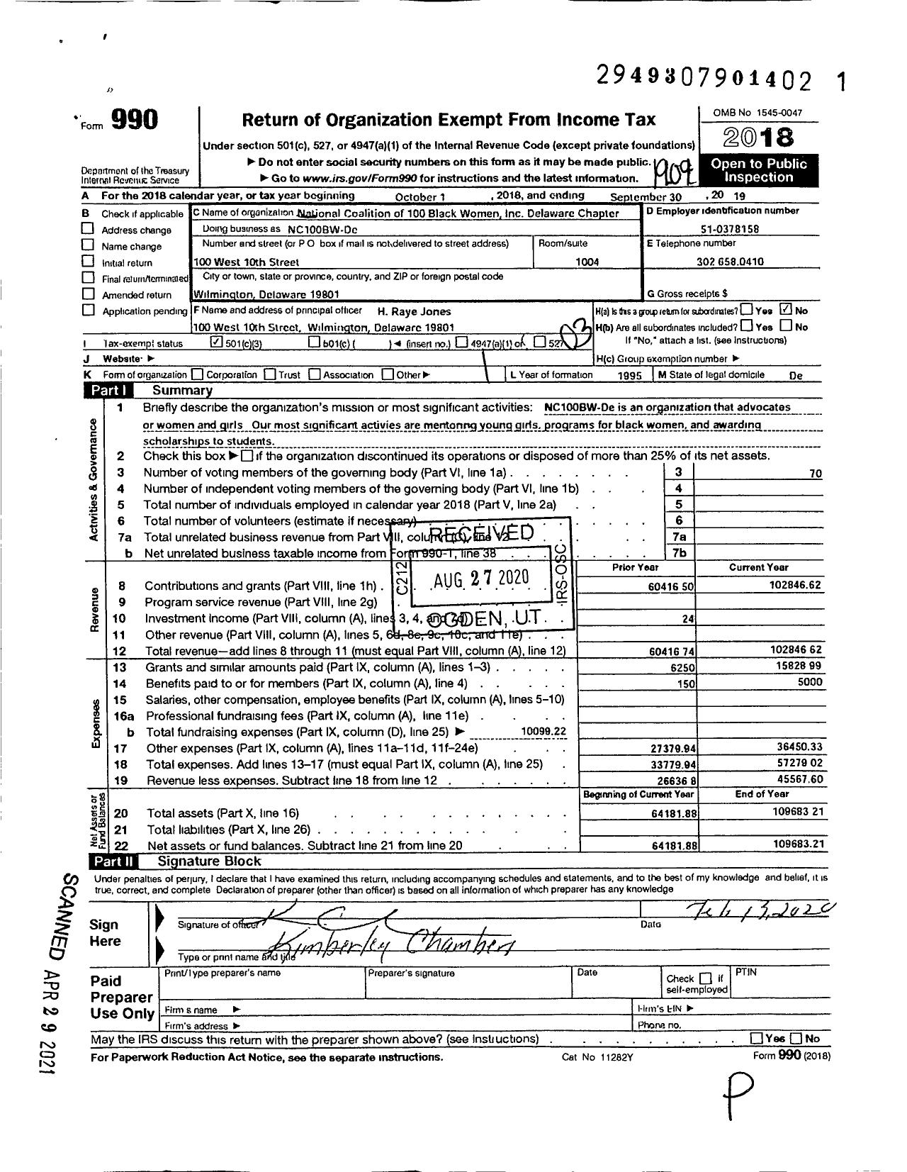 Image of first page of 2018 Form 990 for Nc100Bw-De