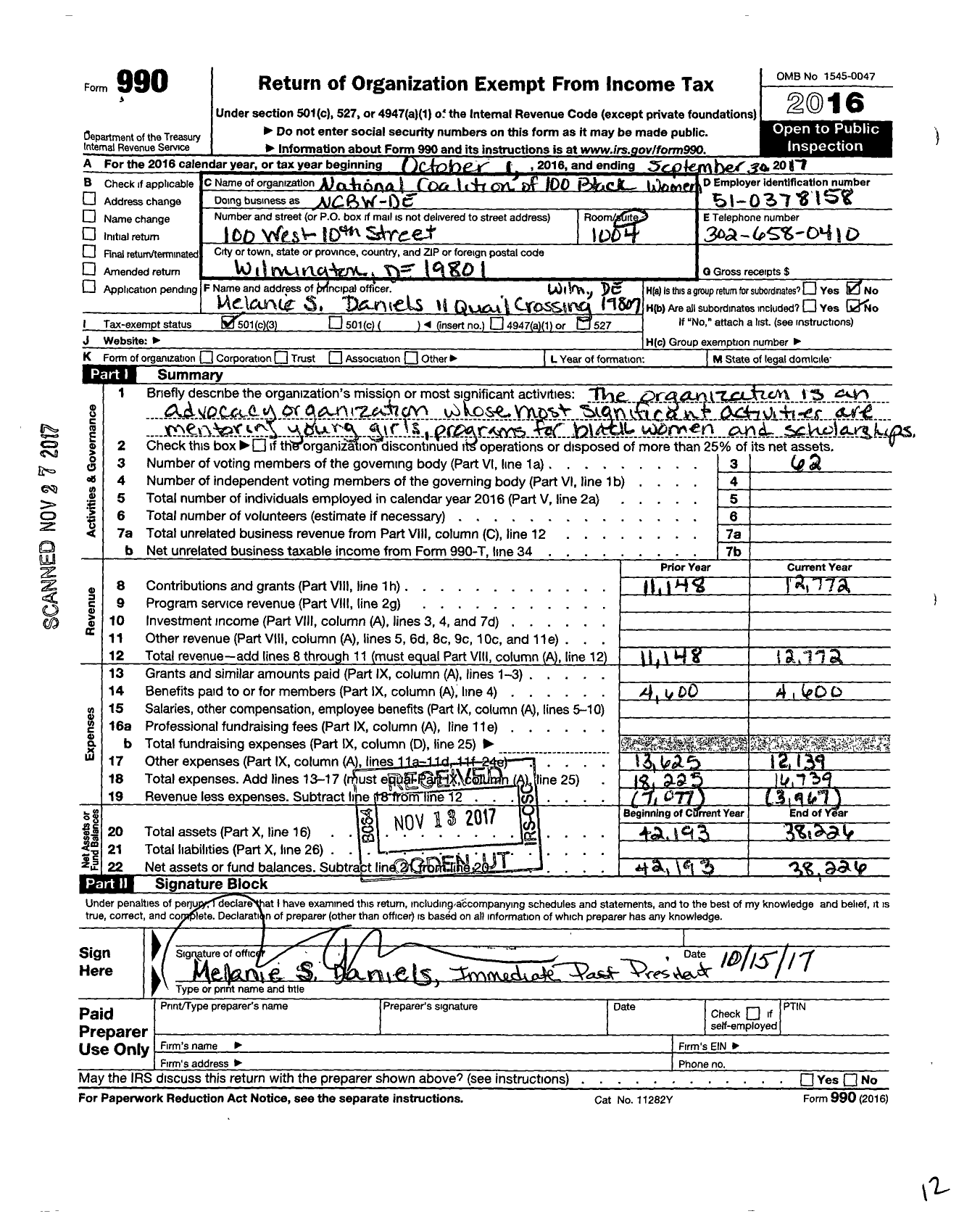 Image of first page of 2016 Form 990 for Nc100Bw-De