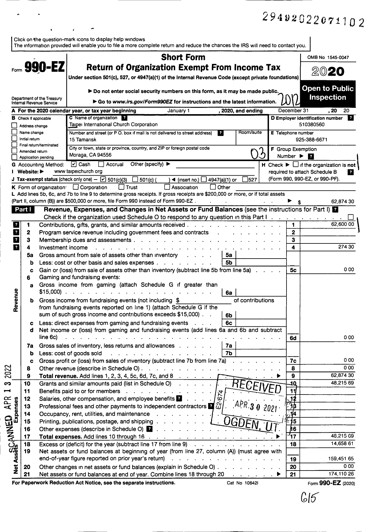 Image of first page of 2020 Form 990EZ for Taipei International Church Corporation