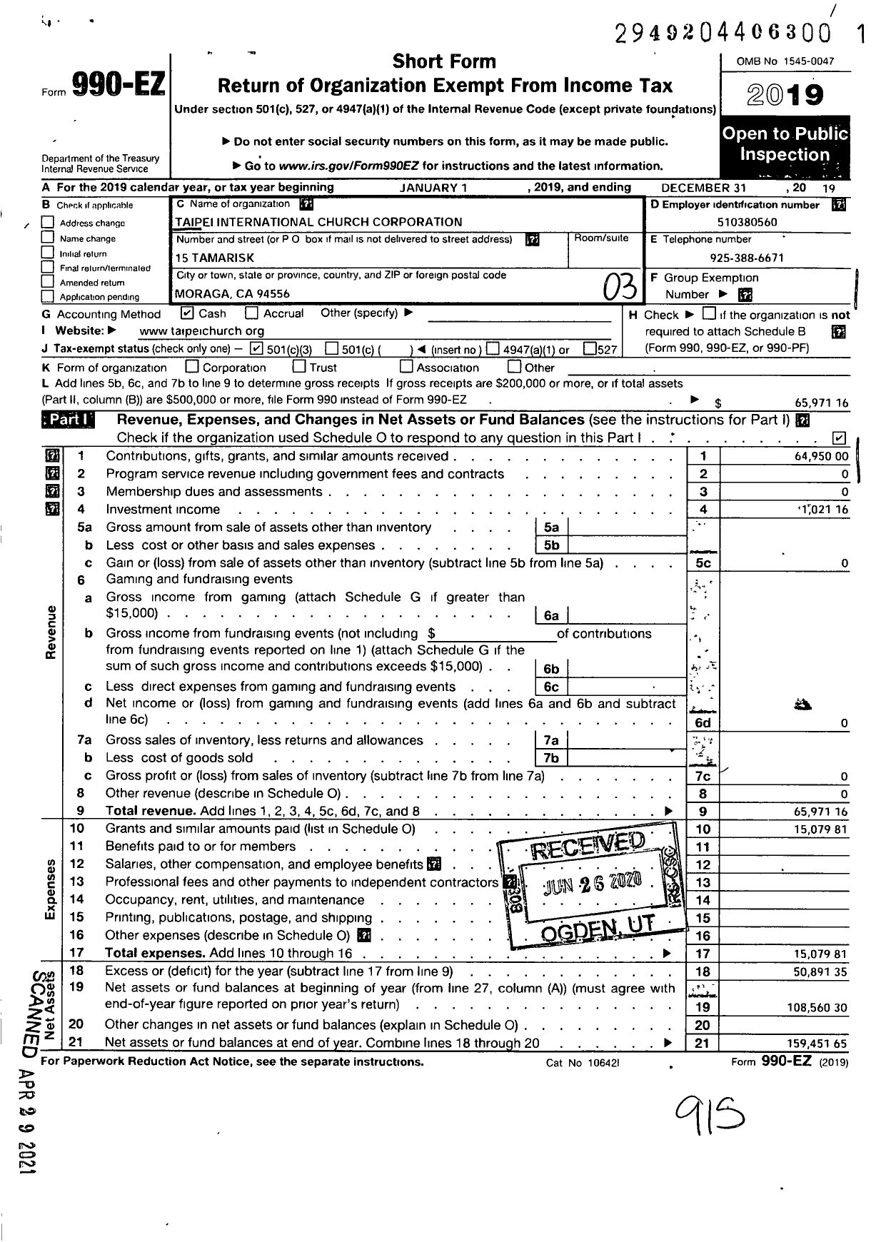 Image of first page of 2019 Form 990EZ for Taipei International Church Corporation