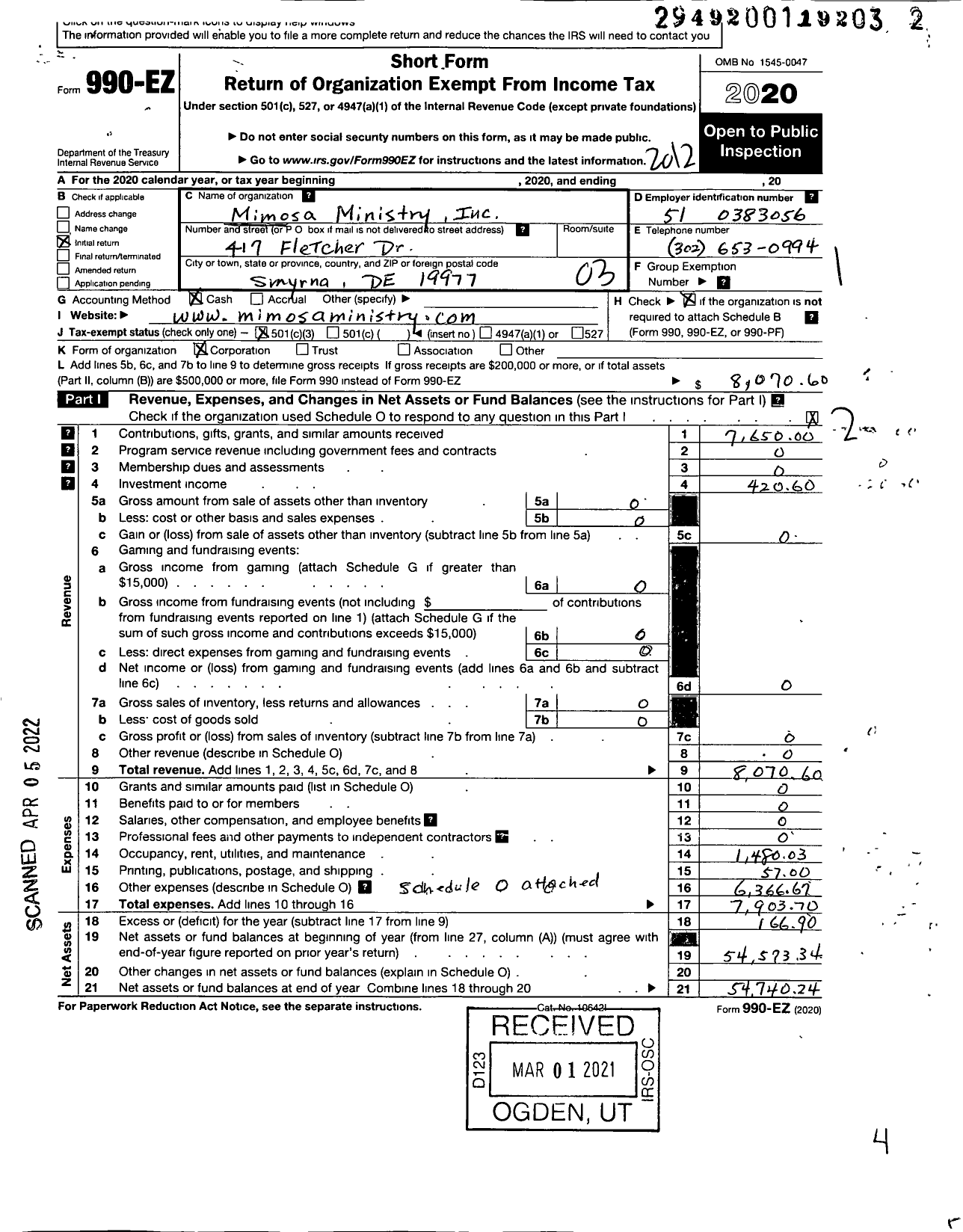 Image of first page of 2020 Form 990EZ for Mimosa Ministry