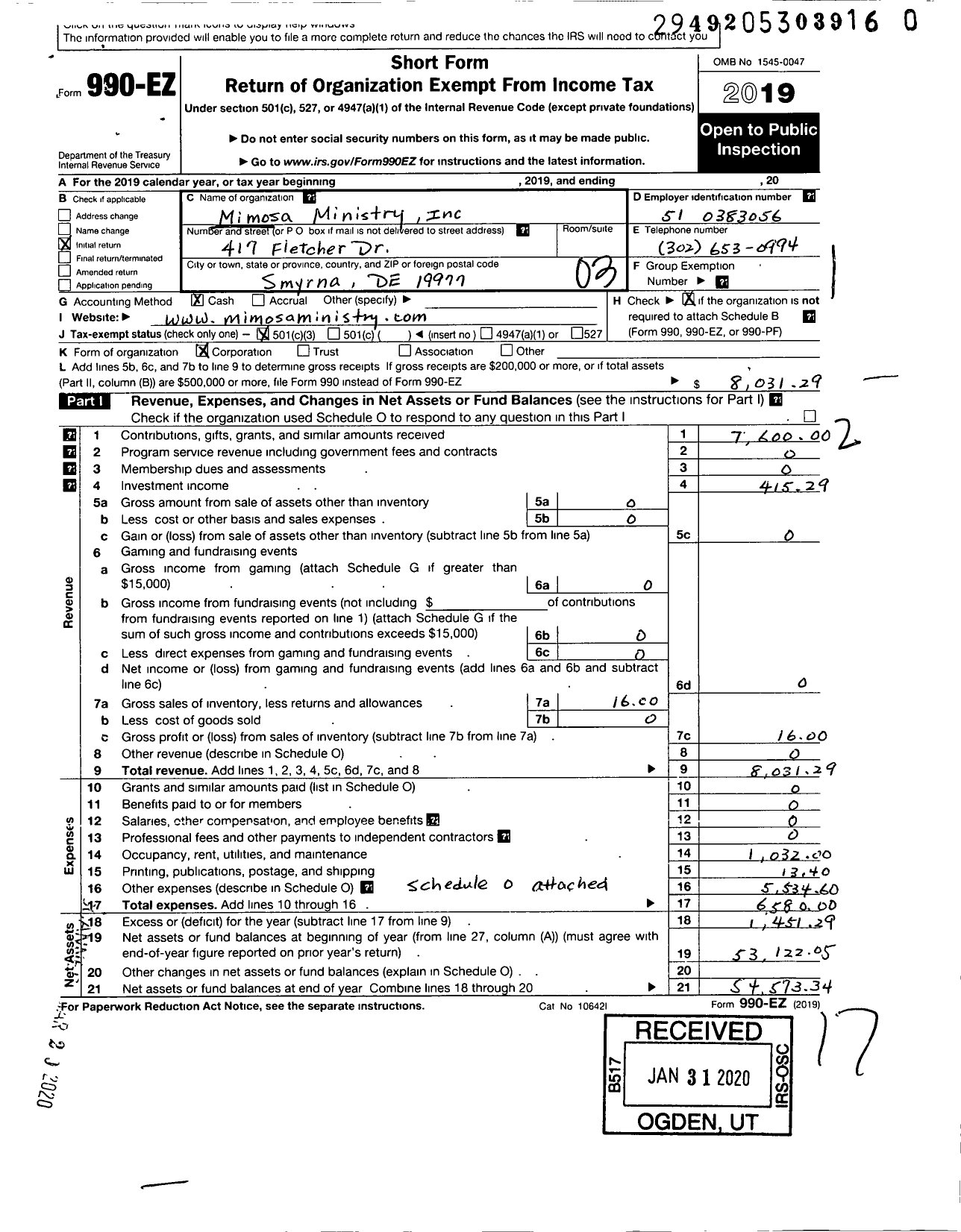 Image of first page of 2019 Form 990EZ for Mimosa Ministry