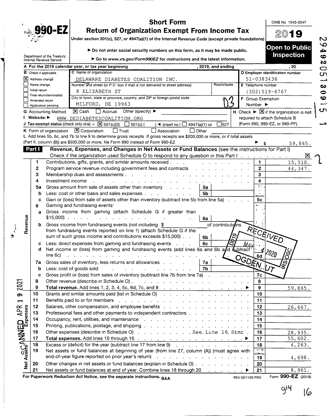 Image of first page of 2019 Form 990EZ for Delaware Diabetes Coalition