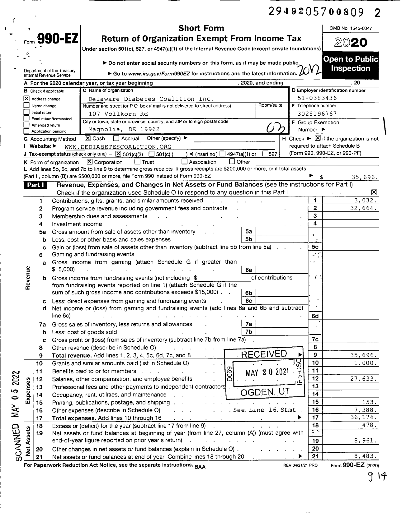 Image of first page of 2020 Form 990EZ for Delaware Diabetes Coalition