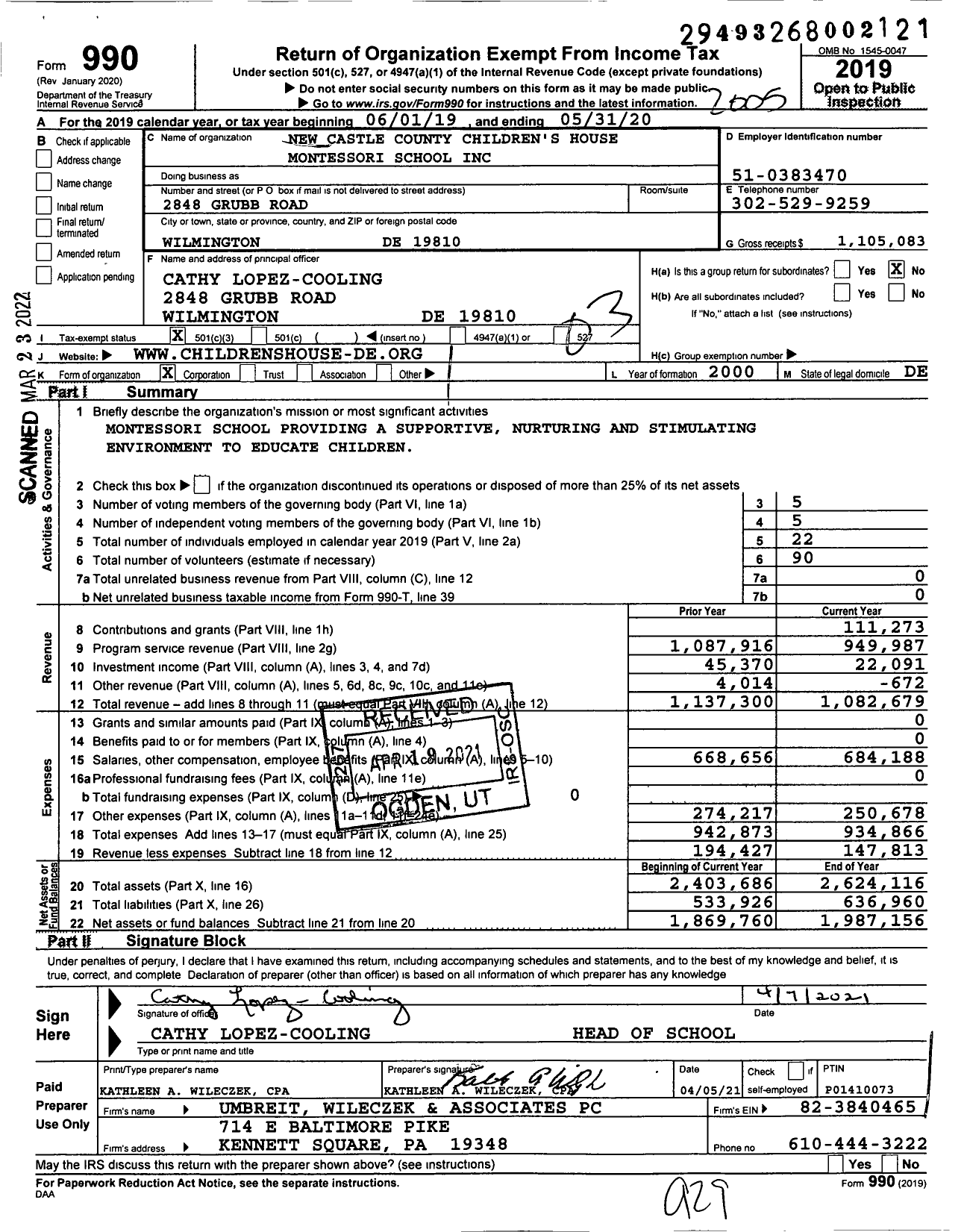 Image of first page of 2019 Form 990 for New Castle County Children's House Montessori School