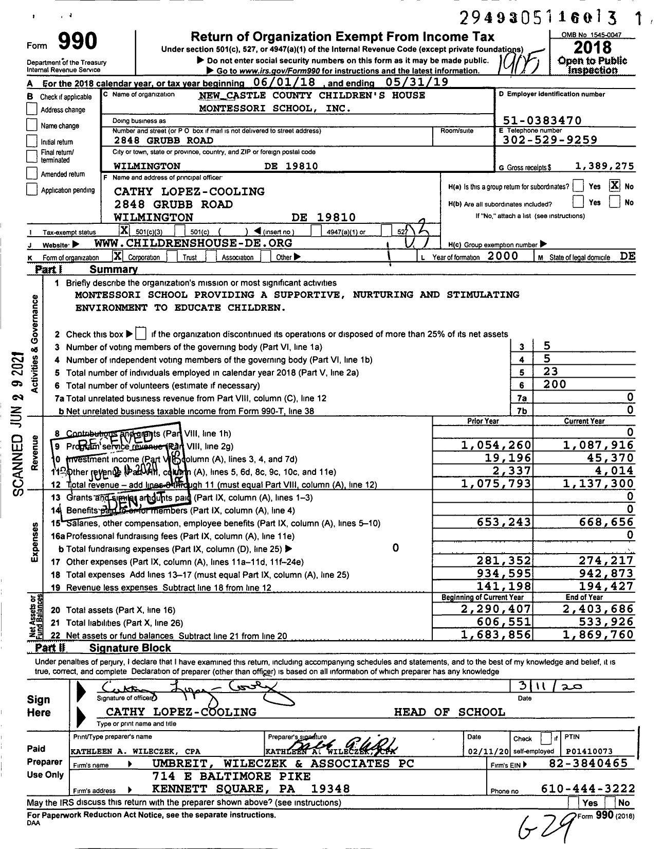 Image of first page of 2018 Form 990 for New Castle County Children's House Montessori School