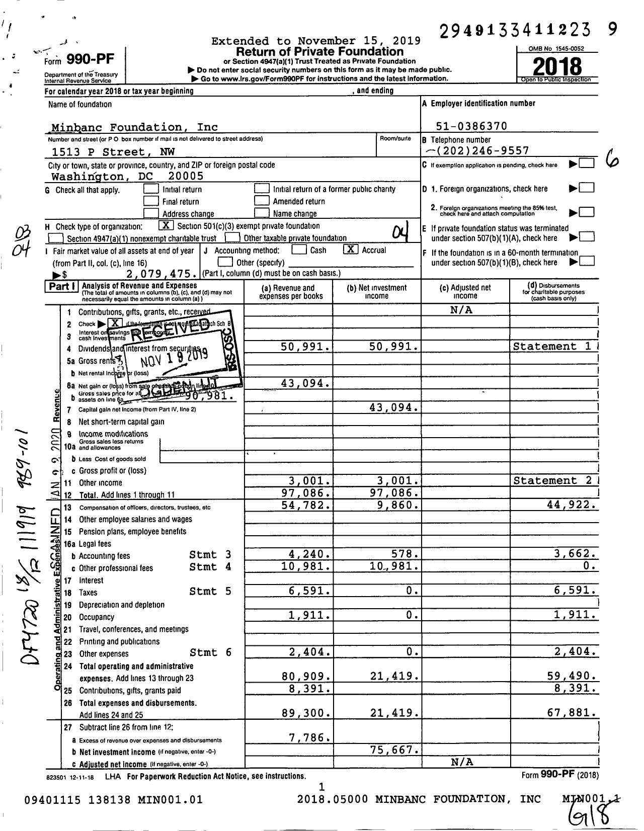 Image of first page of 2018 Form 990PF for Minbanc Foundation