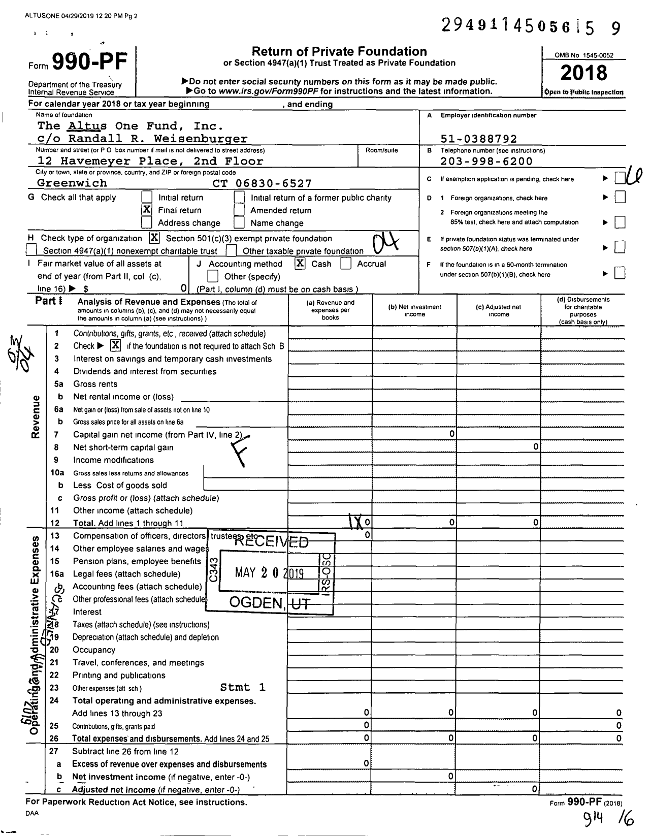 Image of first page of 2018 Form 990PF for Altus One Fund