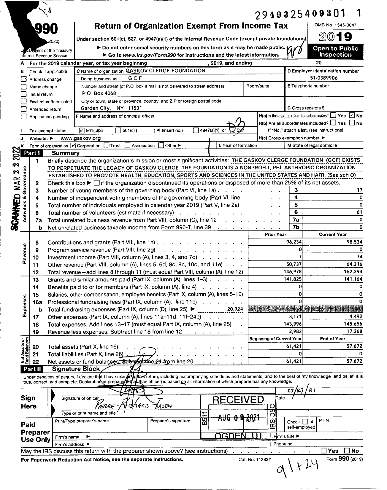 Image of first page of 2019 Form 990 for Gaskov Clerge Foundation (GCF)