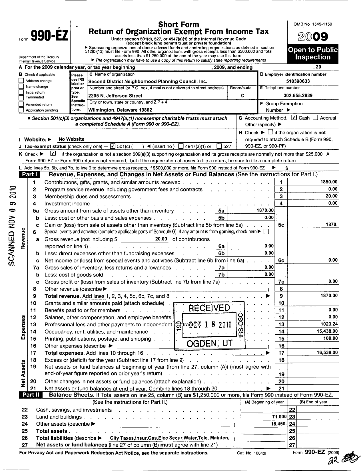 Image of first page of 2009 Form 990EO for Second District Neighborhood Planning Council